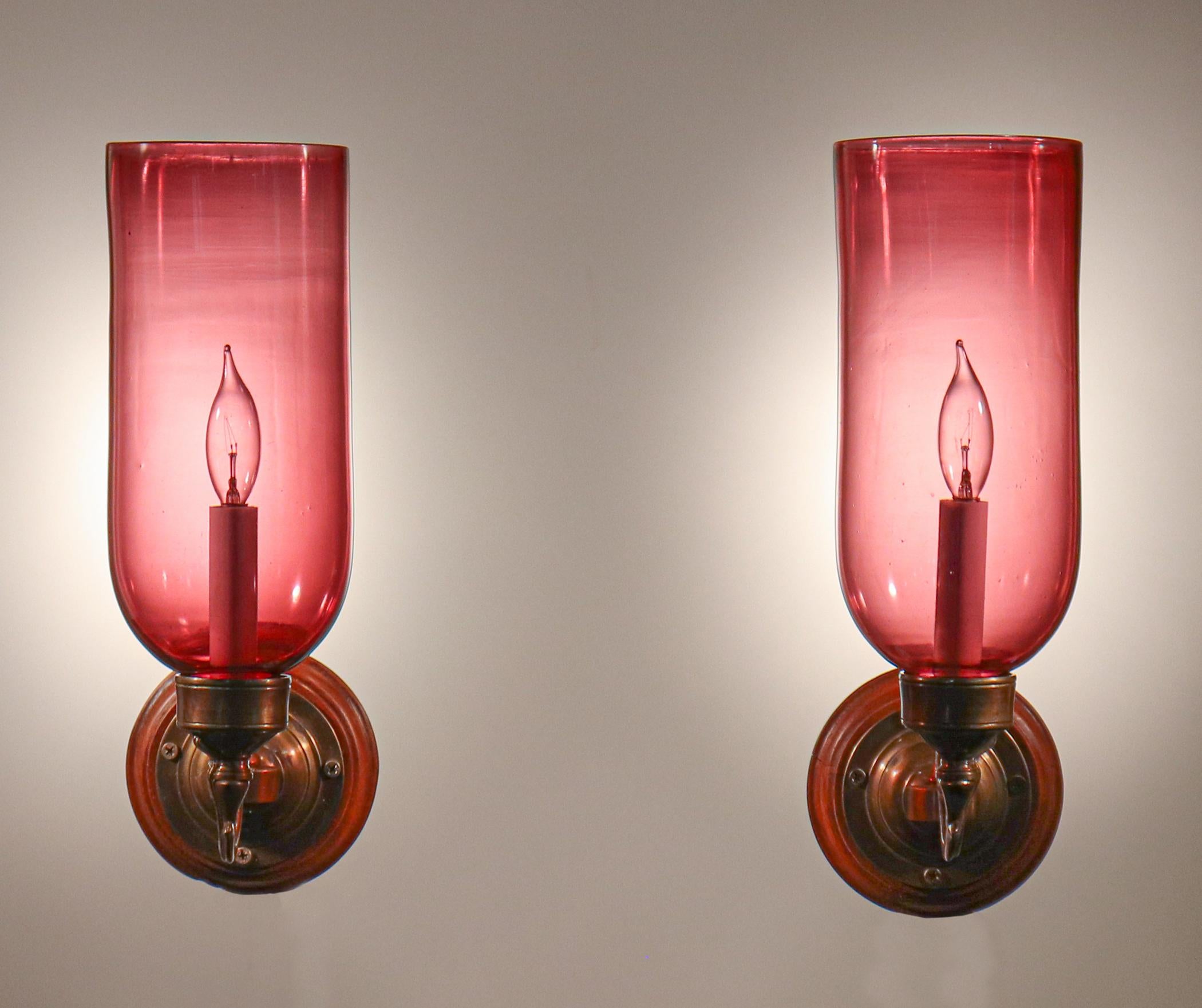 Late Victorian Antique Cranberry Glass Hurricane Shade Wall Sconces