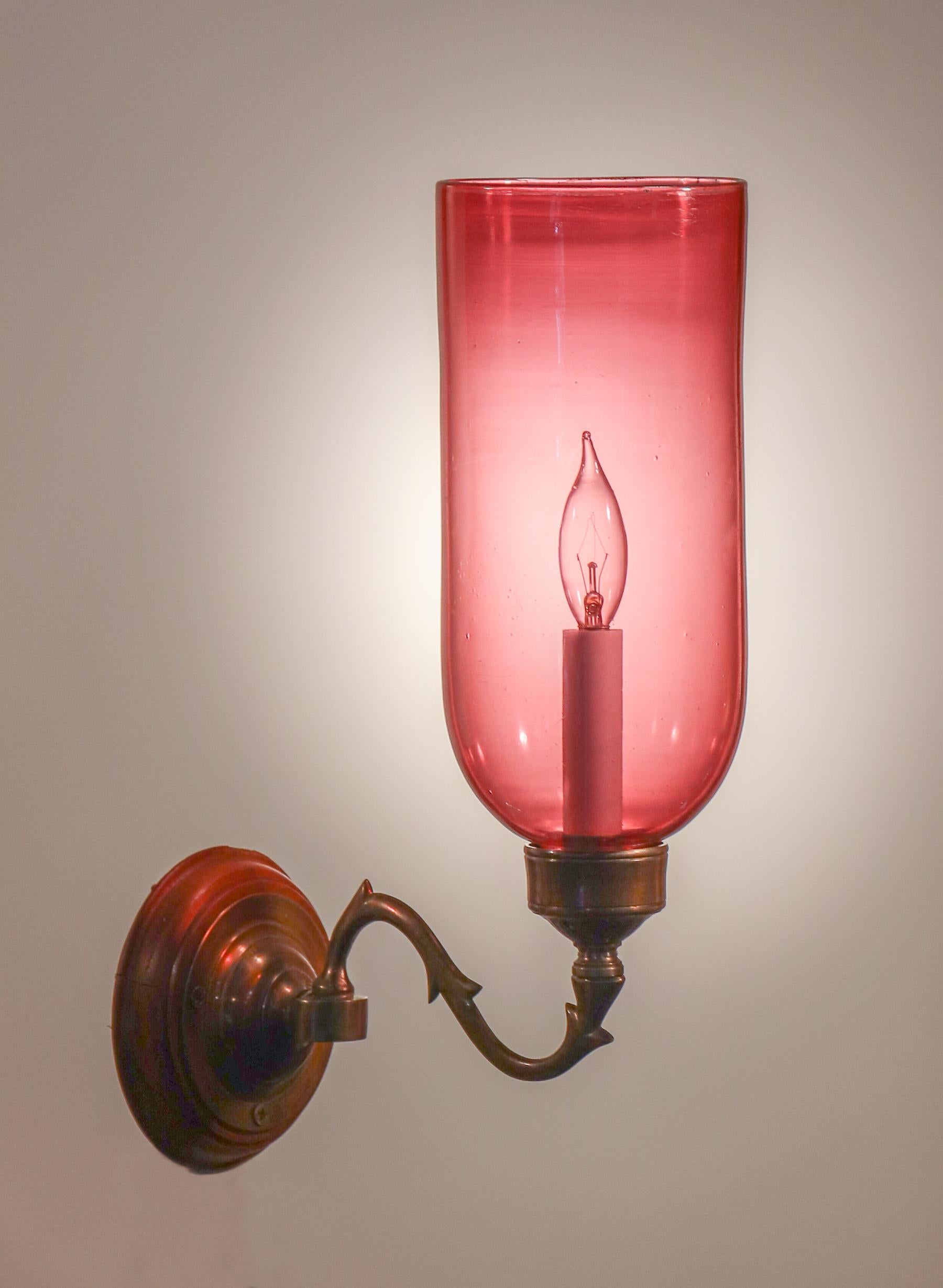 English Antique Cranberry Glass Hurricane Shade Wall Sconces