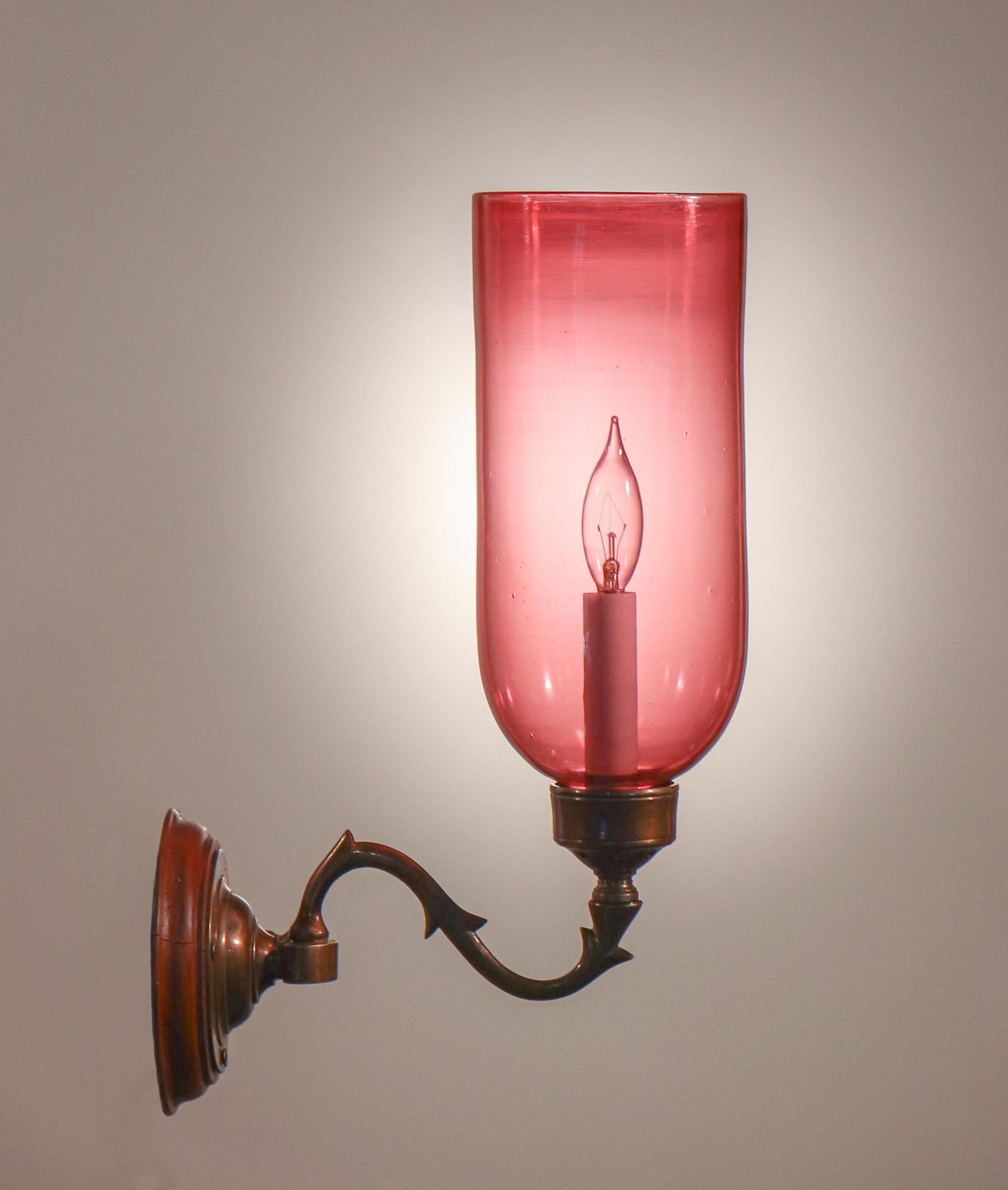 Antique Cranberry Glass Hurricane Shade Wall Sconces In Good Condition In Heath, MA
