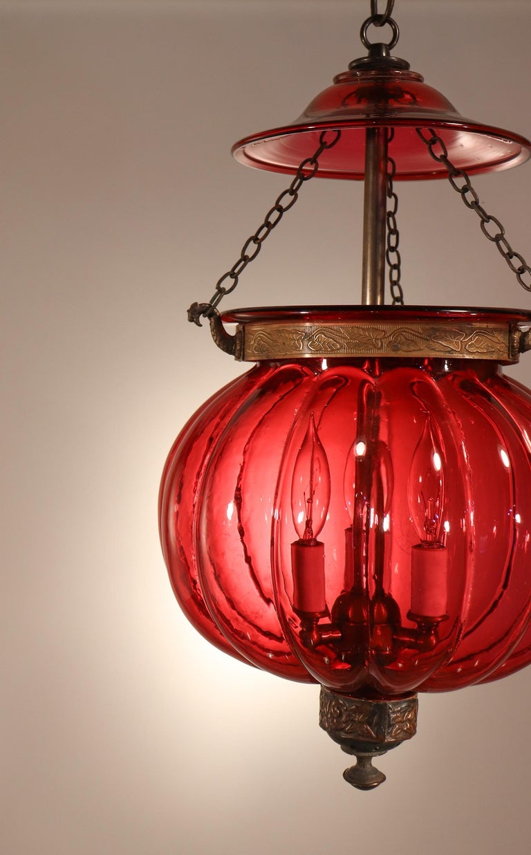 Victorian Antique Cranberry Glass Melon Bell Jar Lantern For Sale