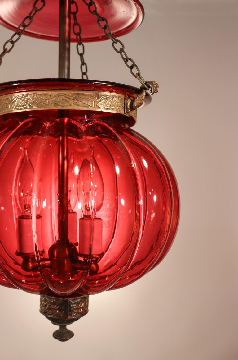 Belgian Antique Cranberry Glass Melon Bell Jar Lantern For Sale