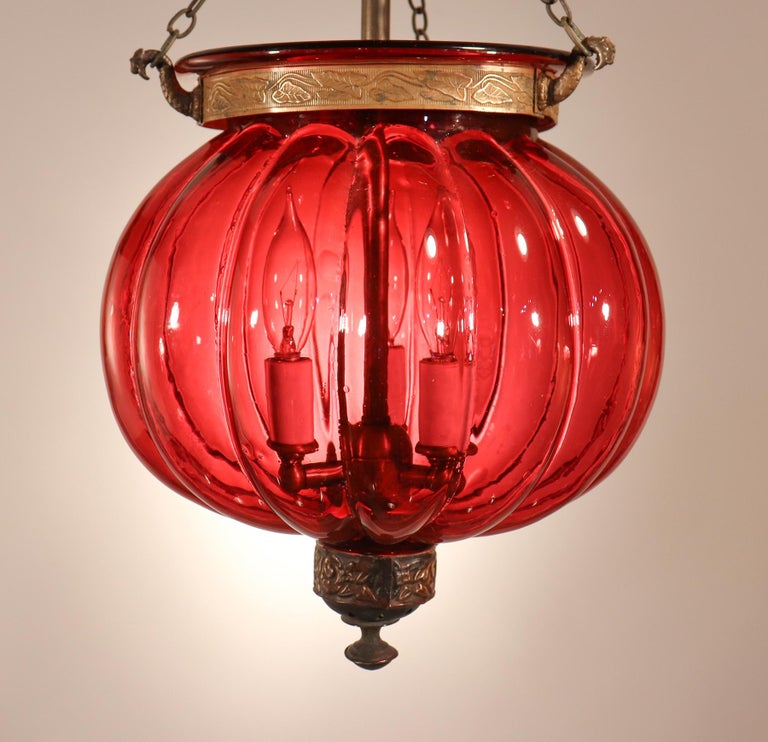 Embossed Antique Cranberry Glass Melon Bell Jar Lantern For Sale