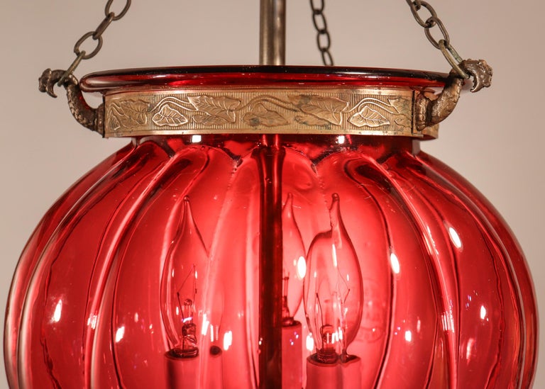 Antique Cranberry Glass Melon Bell Jar Lantern In Good Condition For Sale In Heath, MA