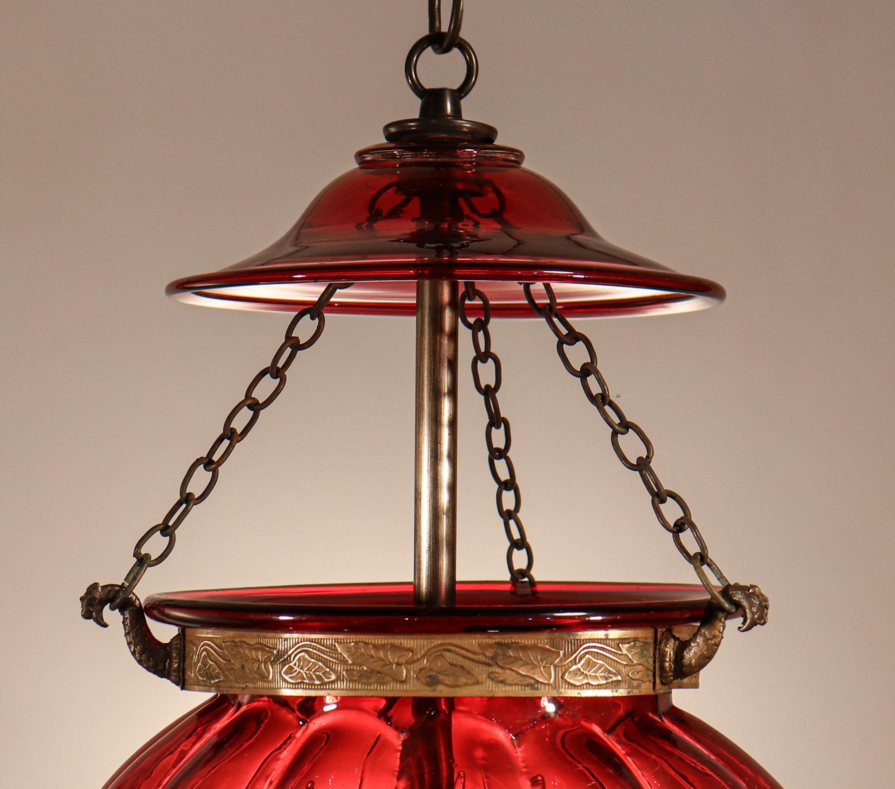 Antique Cranberry Glass Melon Bell Jar Lantern In Good Condition In Heath, MA