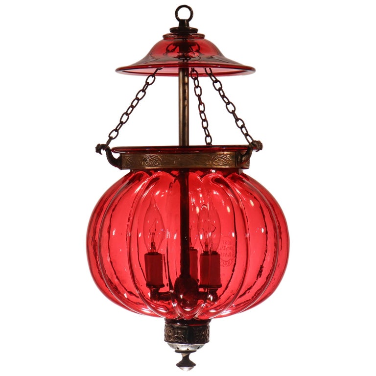 Antique Cranberry Glass Melon Bell Jar Lantern For Sale