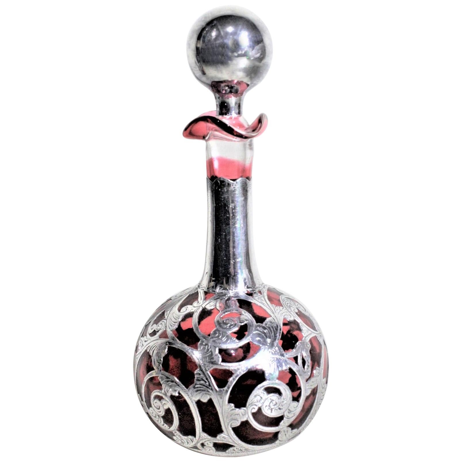 Antique Cranberry Glass Perfume or Scent Bottle with Engraved Silver Overlay For Sale