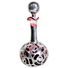 Antique Cranberry Glass Perfume or Scent Bottle with Engraved Silver Overlay