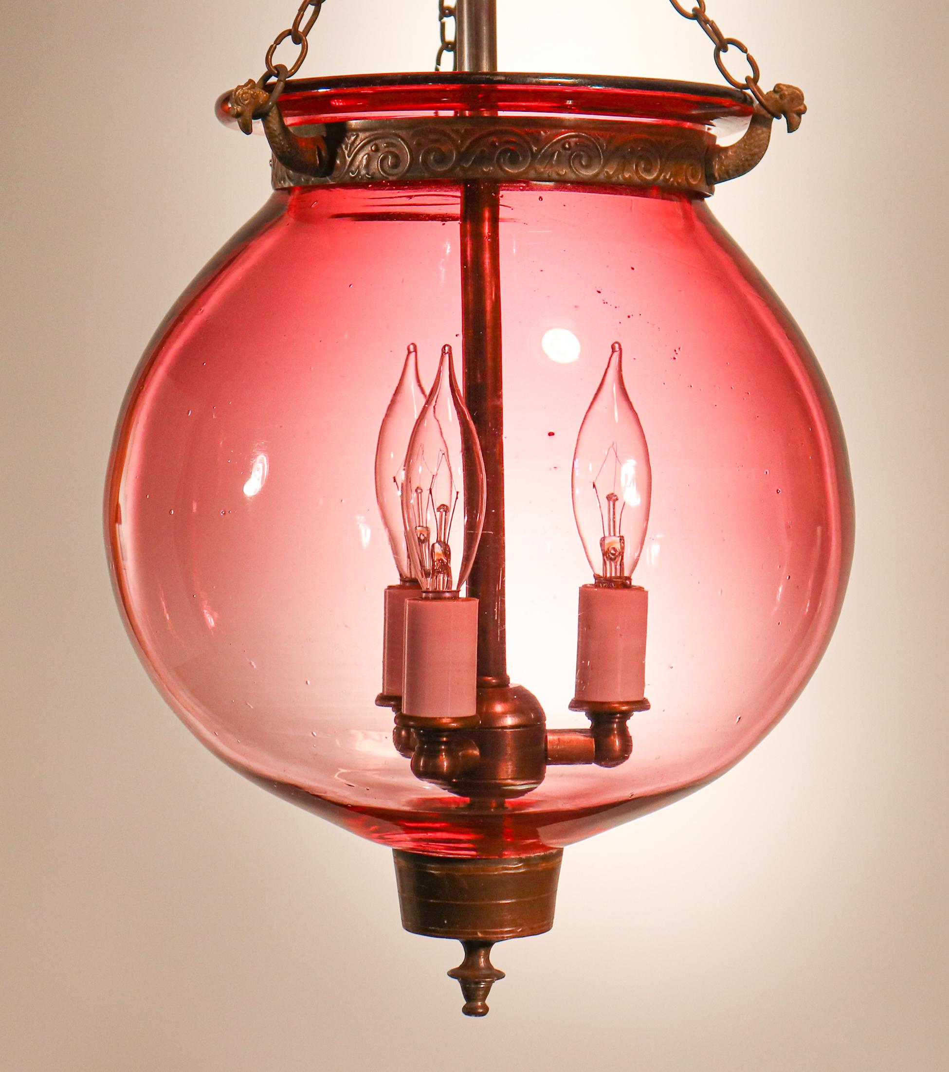 English Antique Cranberry Globe Bell Jar Lantern