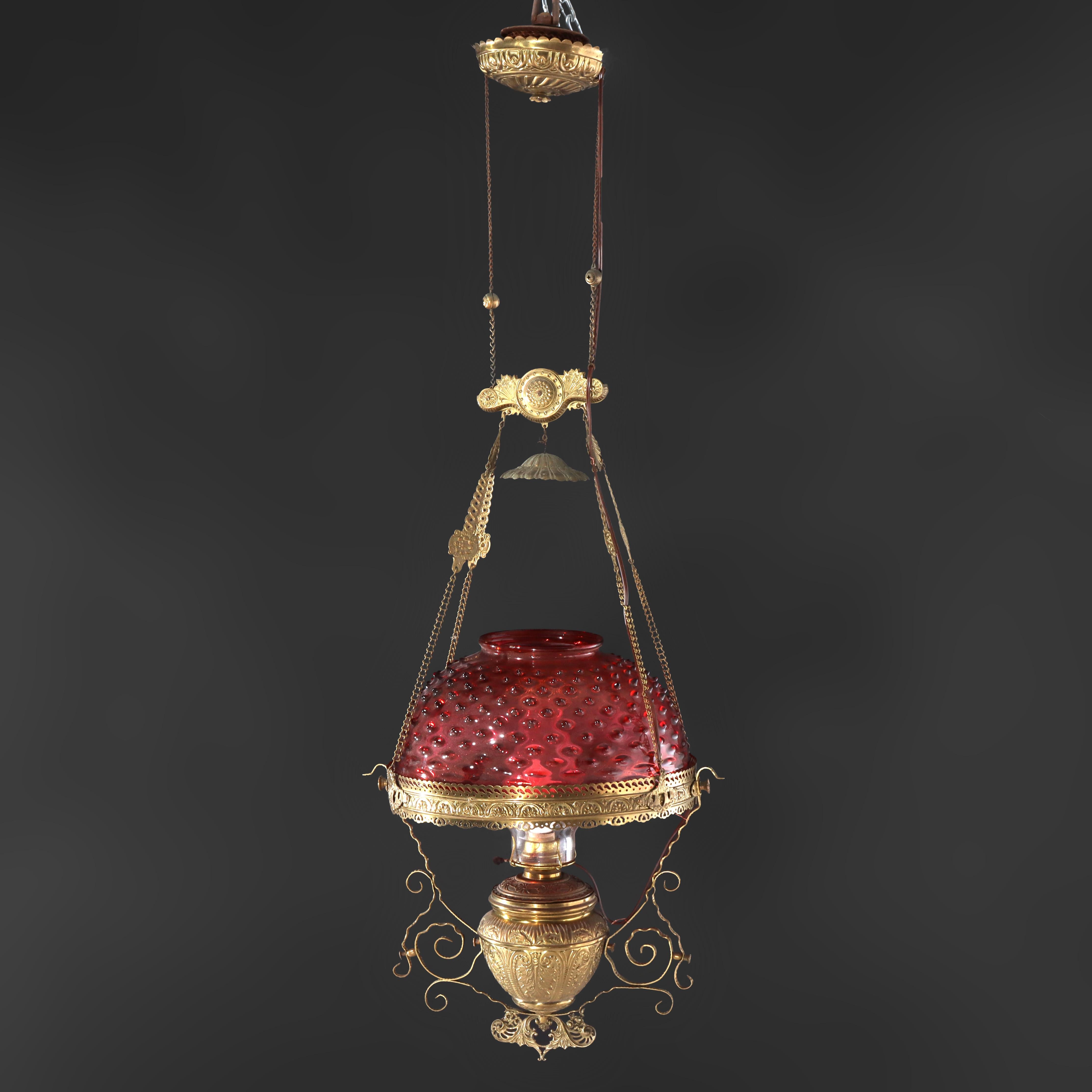 Antique Cranberry Hobnail Glass & Brass Hanging Light, Electrified, C1900 im Angebot 4