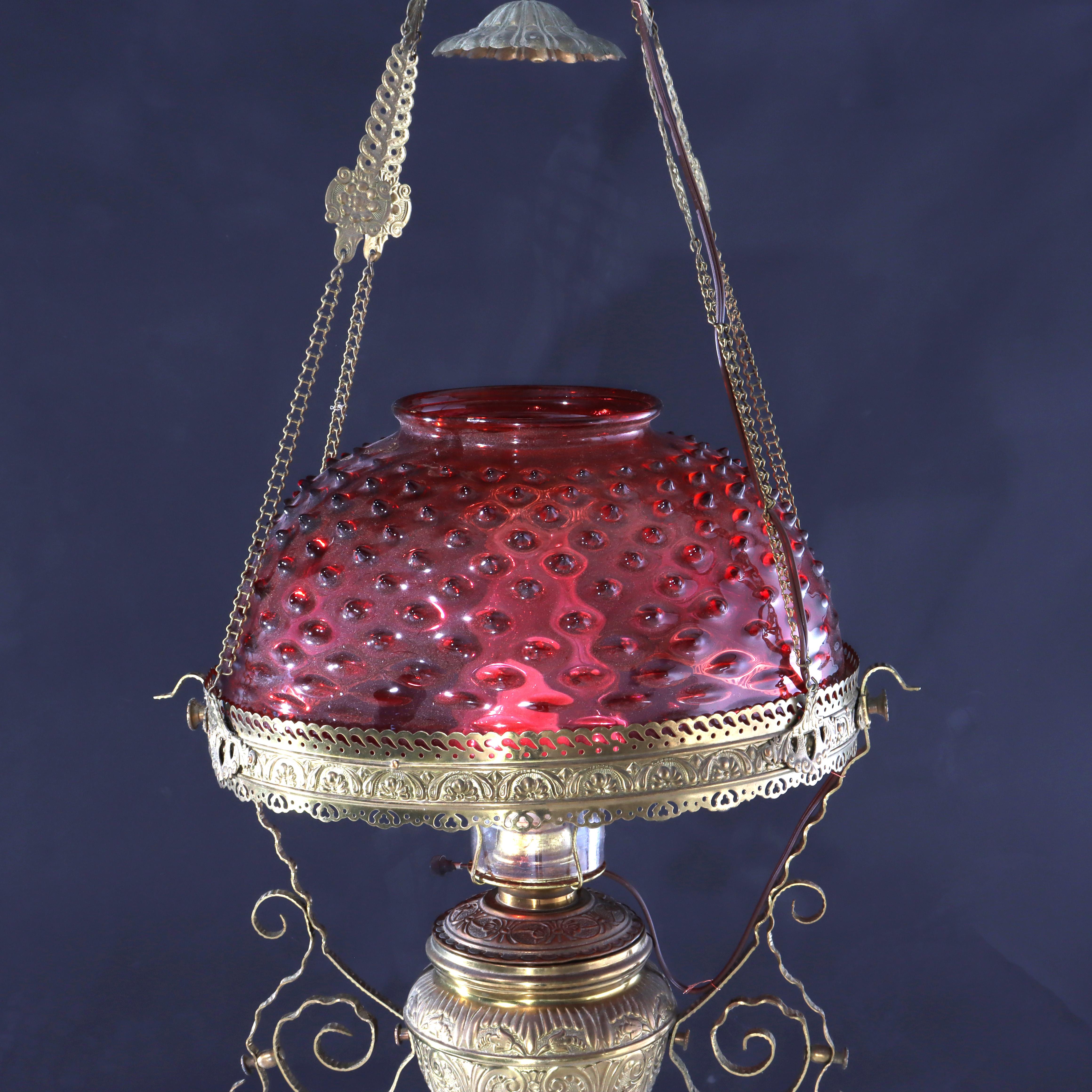 Antique Cranberry Hobnail Glass & Brass Hanging Light, Electrified, C1900 im Angebot 5