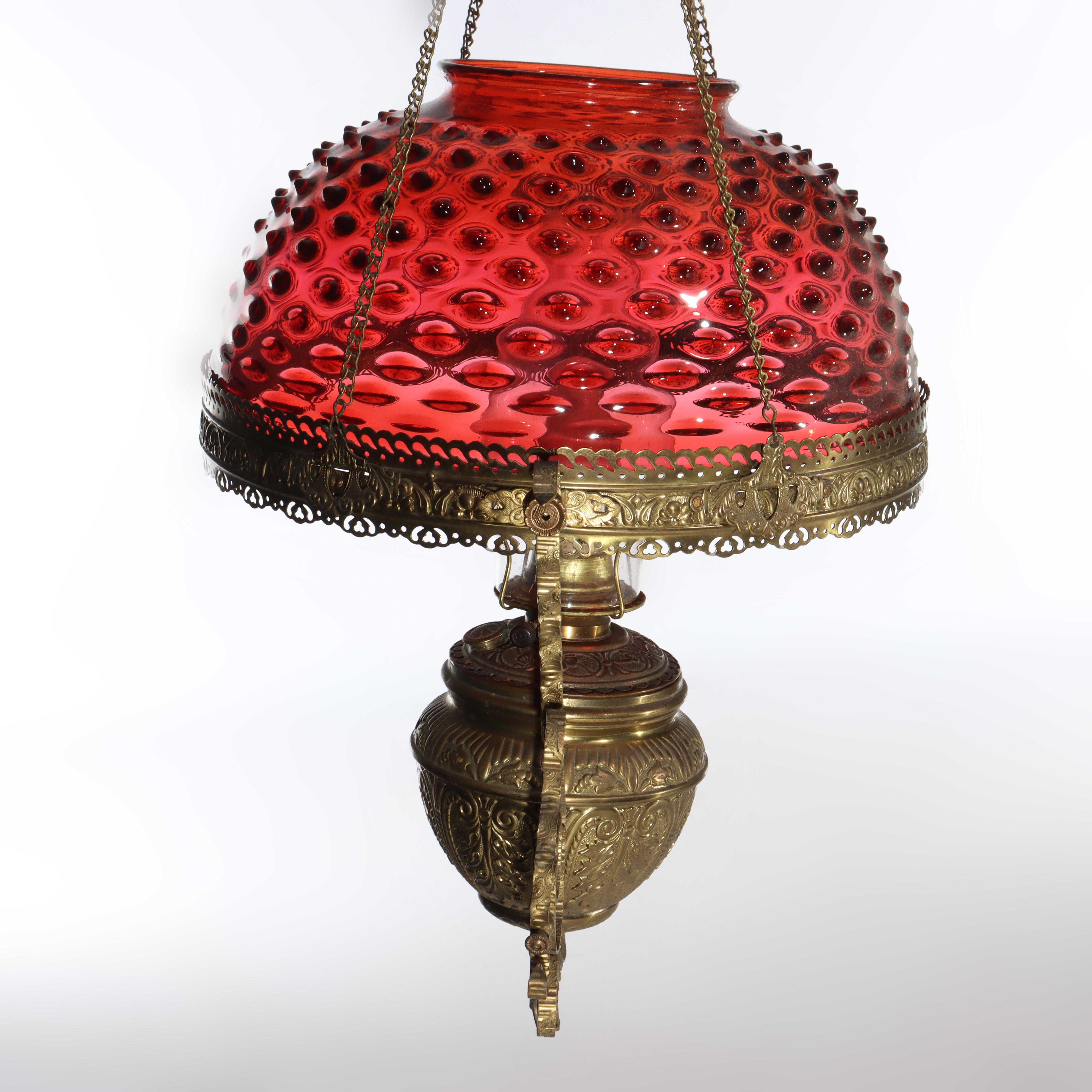 80949-AWW Antique Cranberry Hobnail Glass & Brass Hanging Light , Electrified, C1900

Measures - 47 1/2