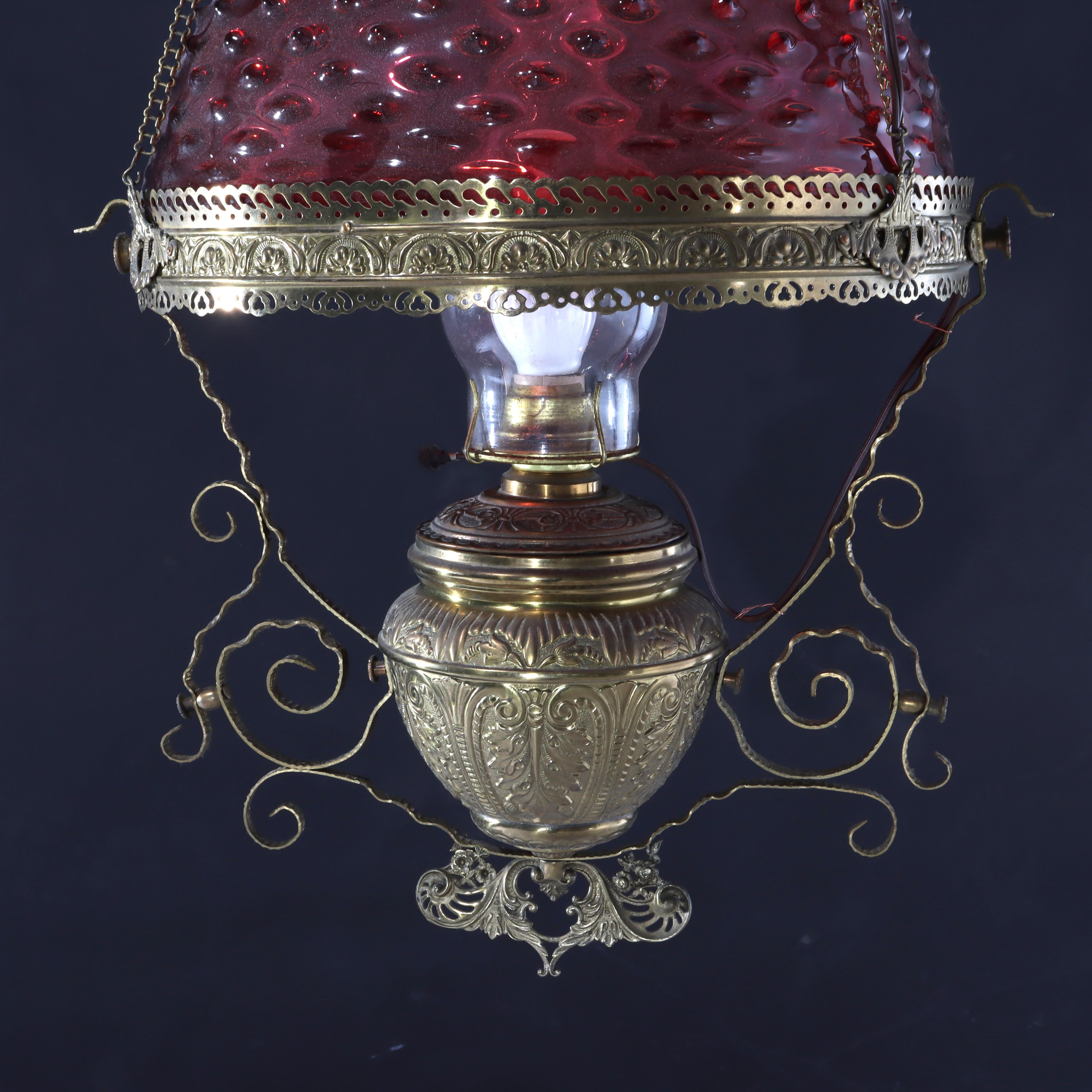 Antique Cranberry Hobnail Glass & Brass Hanging Light, Electrified, C1900 (amerikanisch) im Angebot