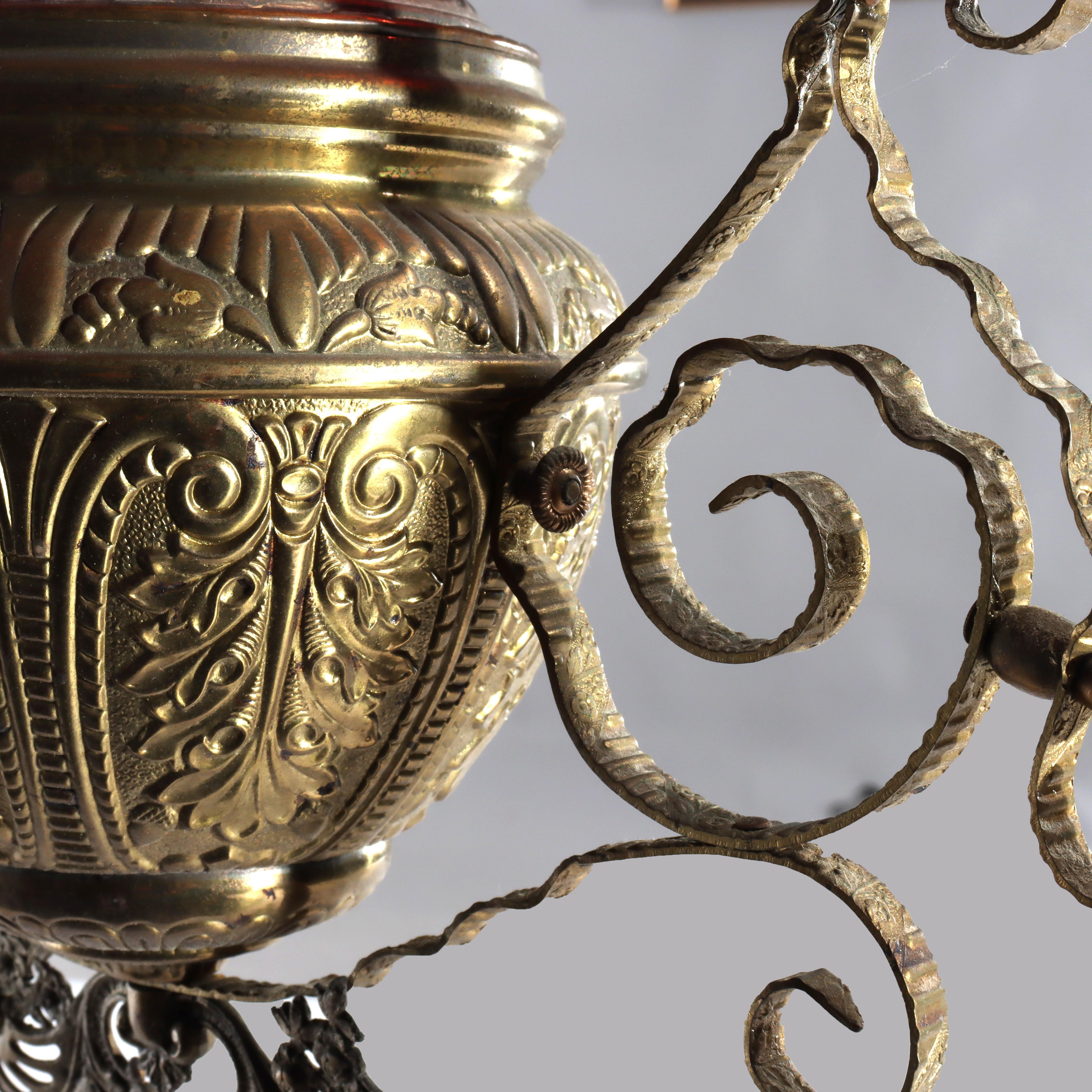 Antique Cranberry Hobnail Glass & Brass Hanging Light, Electrified, C1900 im Zustand „Gut“ im Angebot in Big Flats, NY