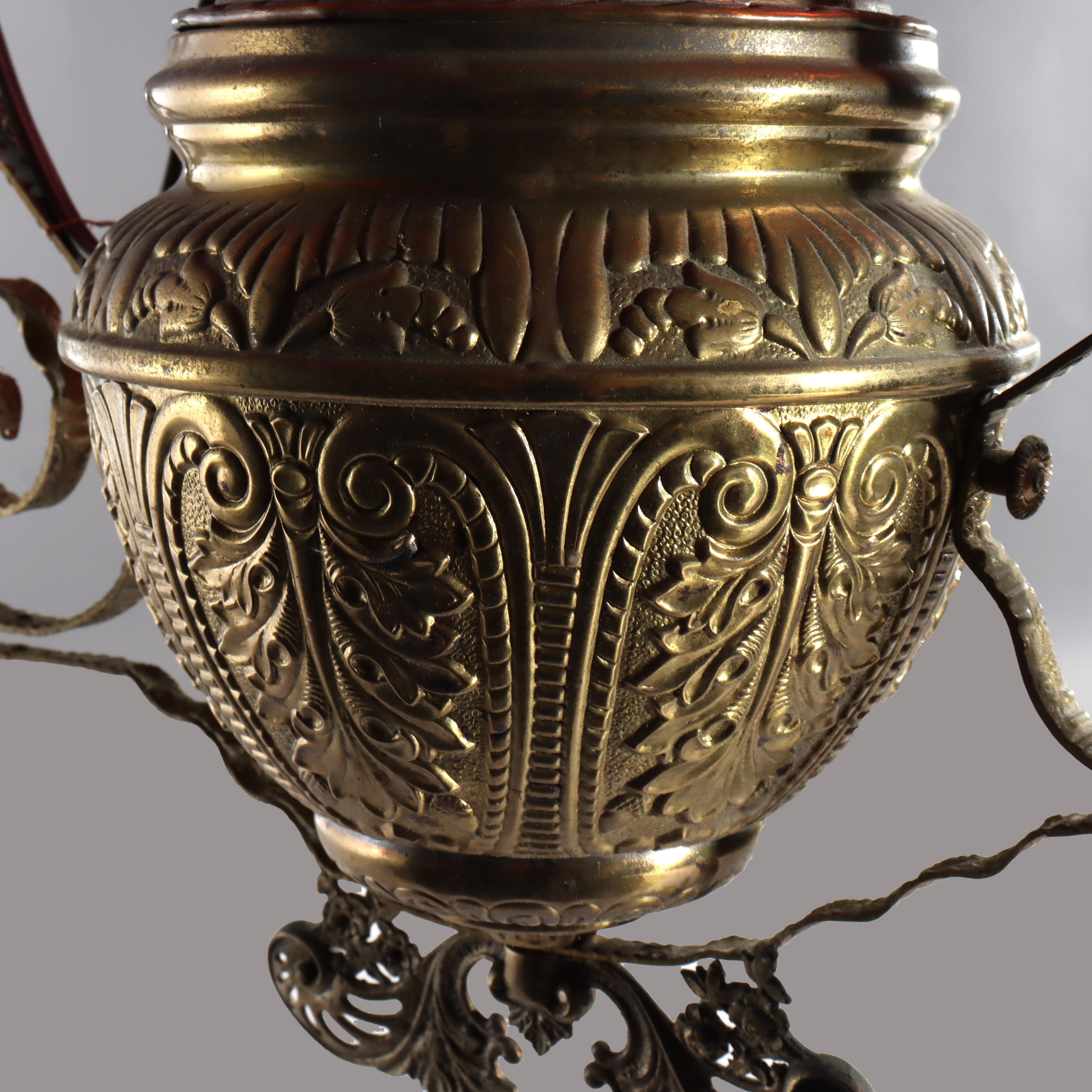 Antique Cranberry Hobnail Glass & Brass Hanging Light, Electrified, C1900 (20. Jahrhundert) im Angebot