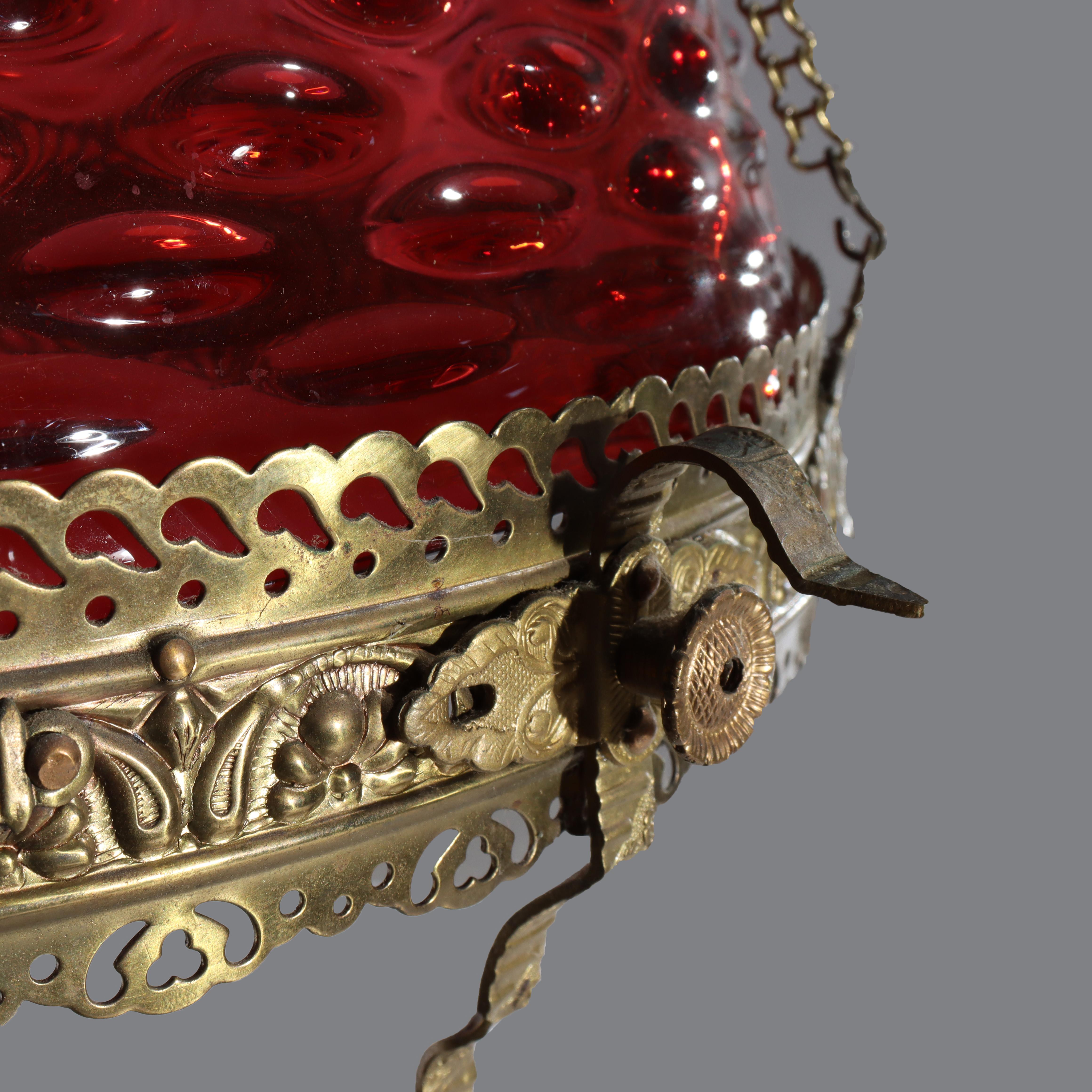 Antique Cranberry Hobnail Glass & Brass Hanging Light, Electrified, C1900 (Messing) im Angebot