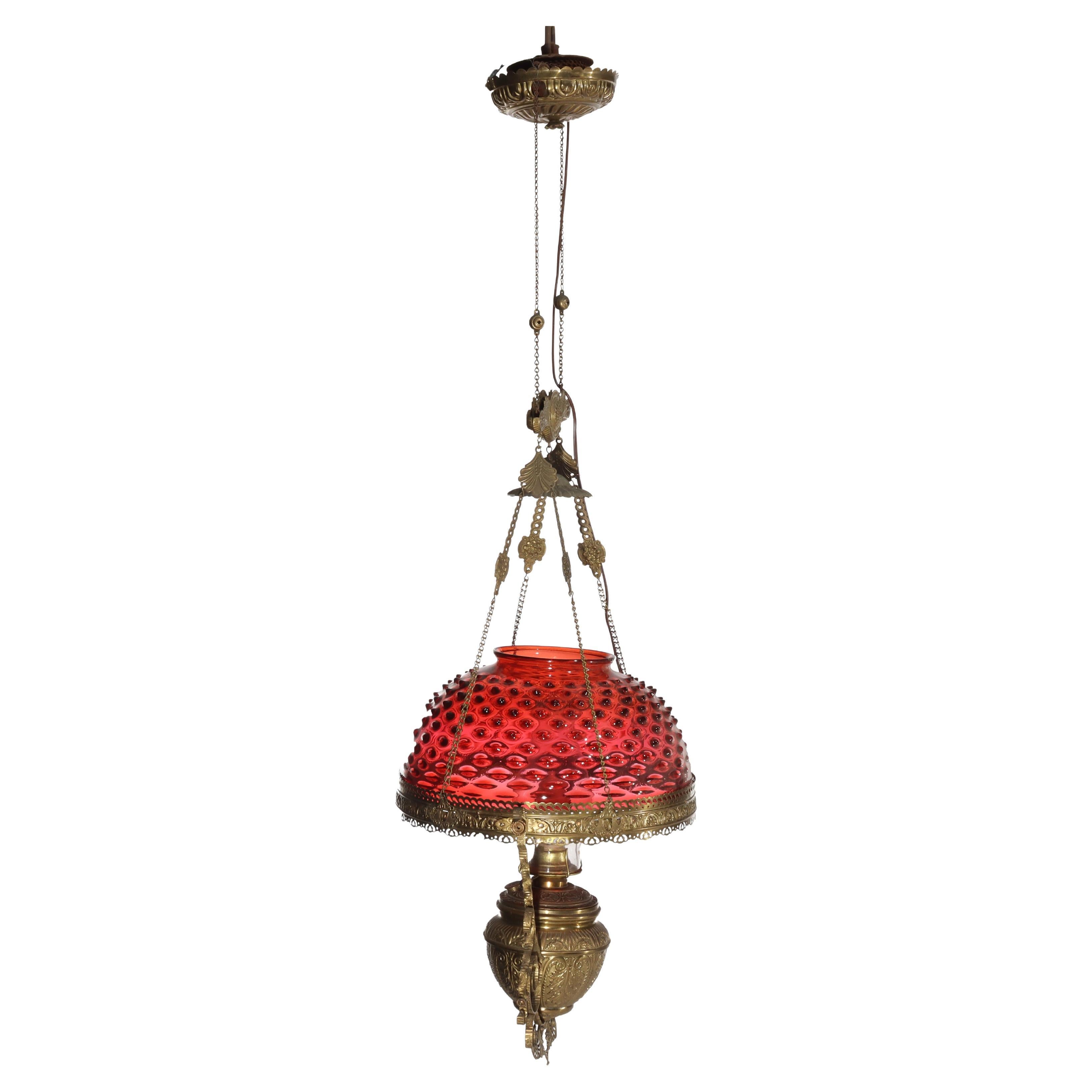 Antique Cranberry Hobnail Glass 
Brass Hanging Light, Electrified, C1900