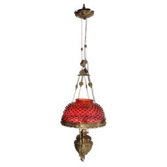 Antique Cranberry Hobnail Glass 
Brass Hanging Light, Electrified, C1900