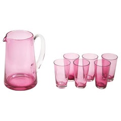 Antique Cranberry Jug with 6 Glasses