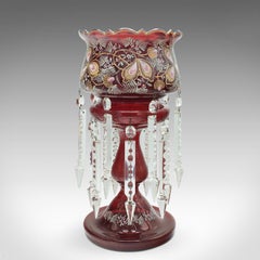 Antique Cranberry Lustre, English, Crystal, Decorative, Candle Lamp, Victorian
