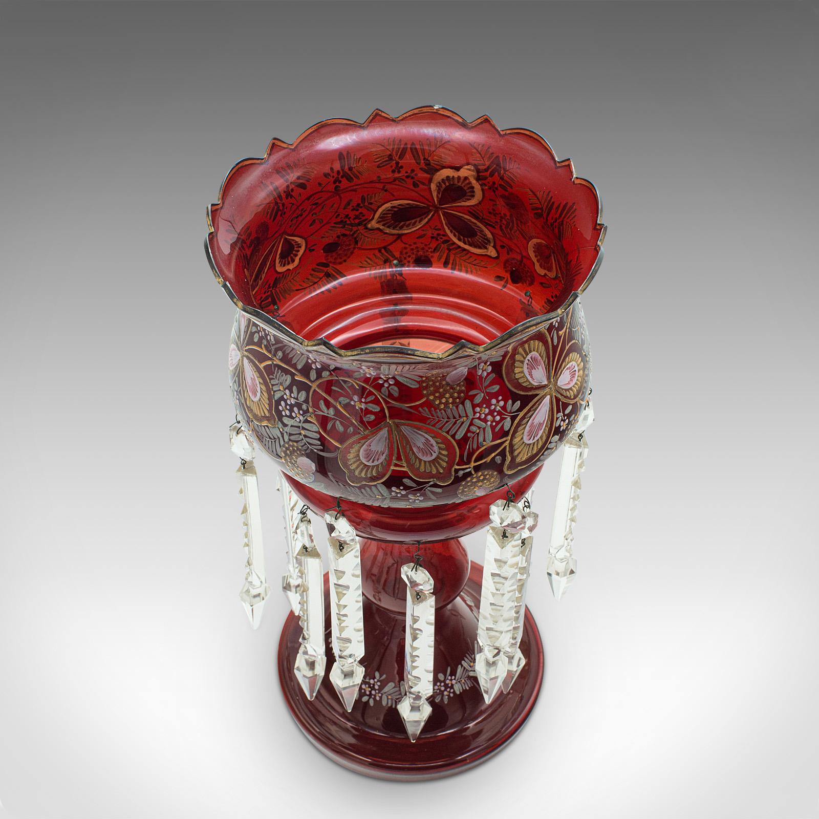19th Century Antique Cranberry Lustre, English, Crystal, Decorative, Candle Lamp, Victorian For Sale