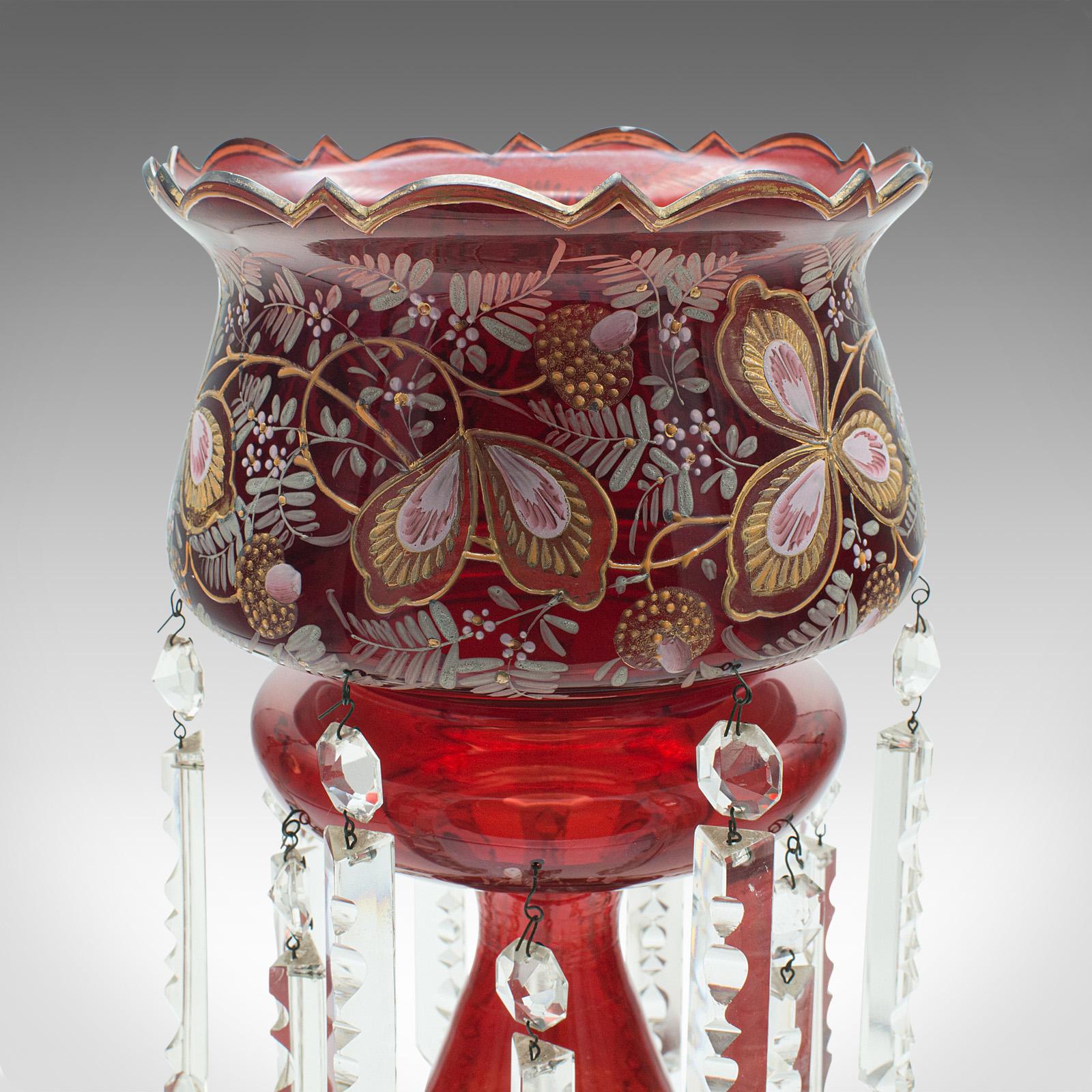 Glass Antique Cranberry Lustre, English, Crystal, Decorative, Candle Lamp, Victorian For Sale