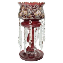 Antique Cranberry Lustre, English, Crystal, Decorative, Candle Lamp, Victorian