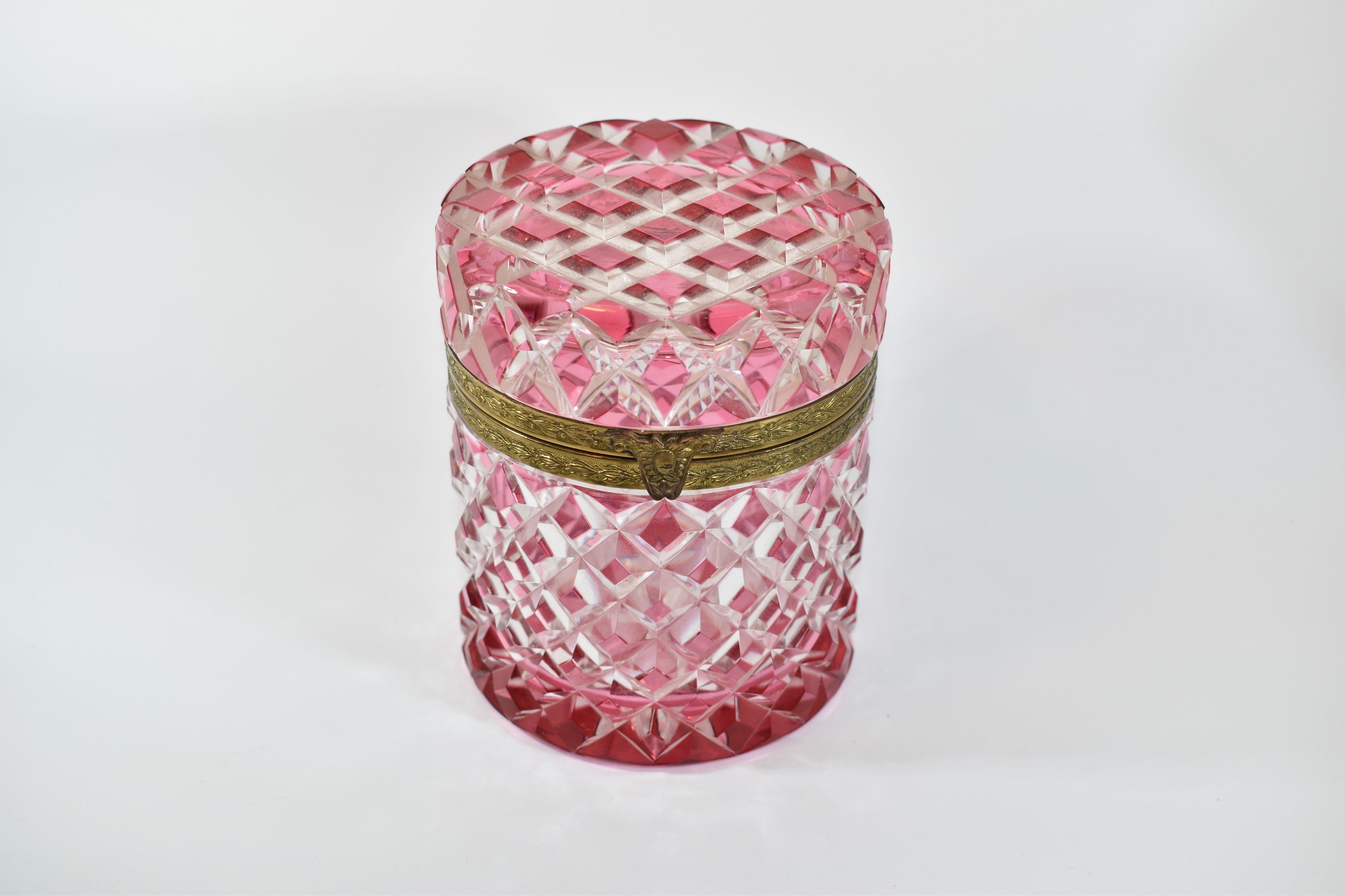 Hand-Crafted Antique Cranberry Pink and Clear Overlay Crystal Glass Casket Box