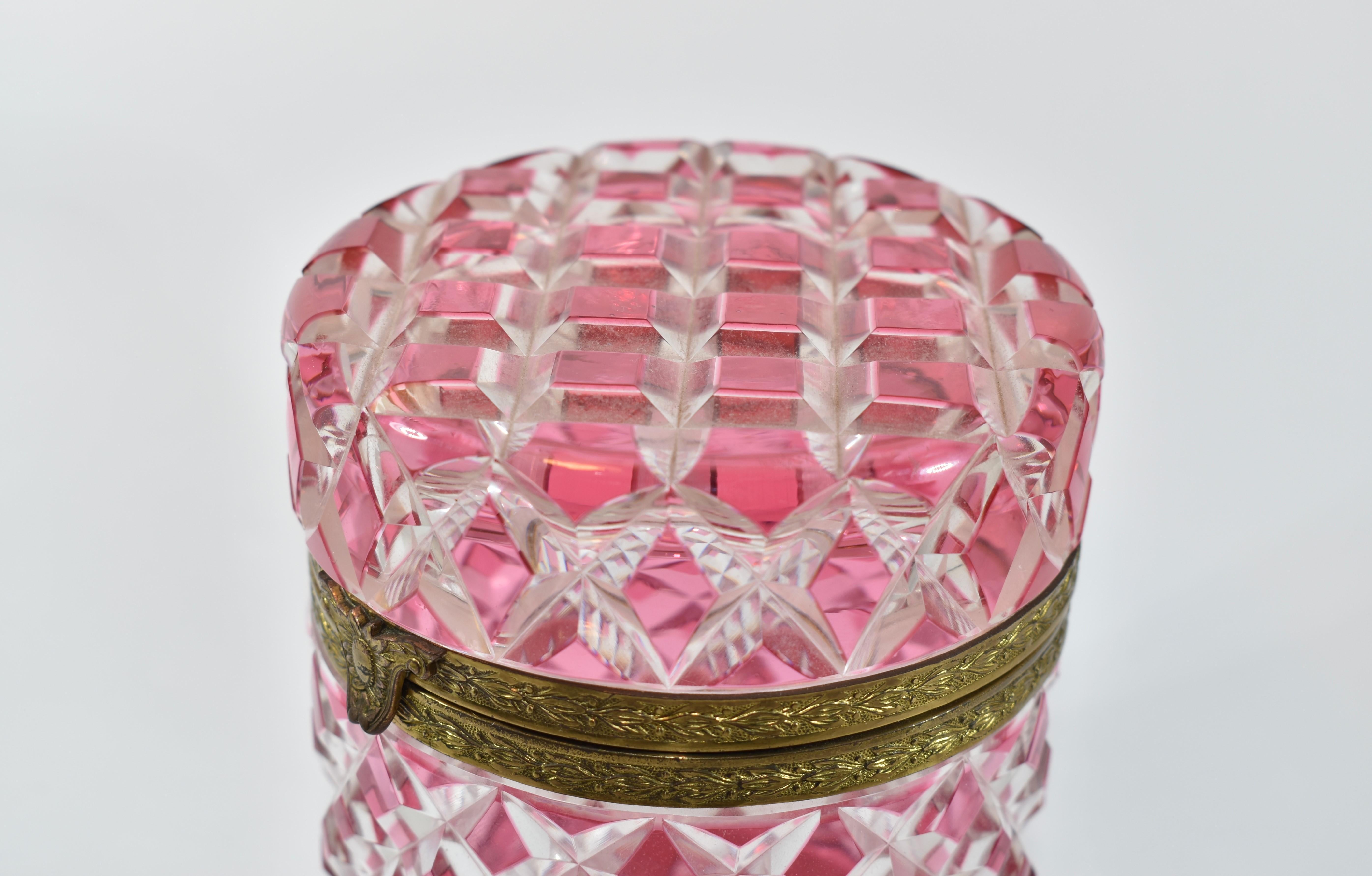 Antique Cranberry Pink and Clear Overlay Crystal Glass Casket Box 1