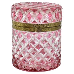 Antique Cranberry Pink and Clear Overlay Crystal Glass Casket Box