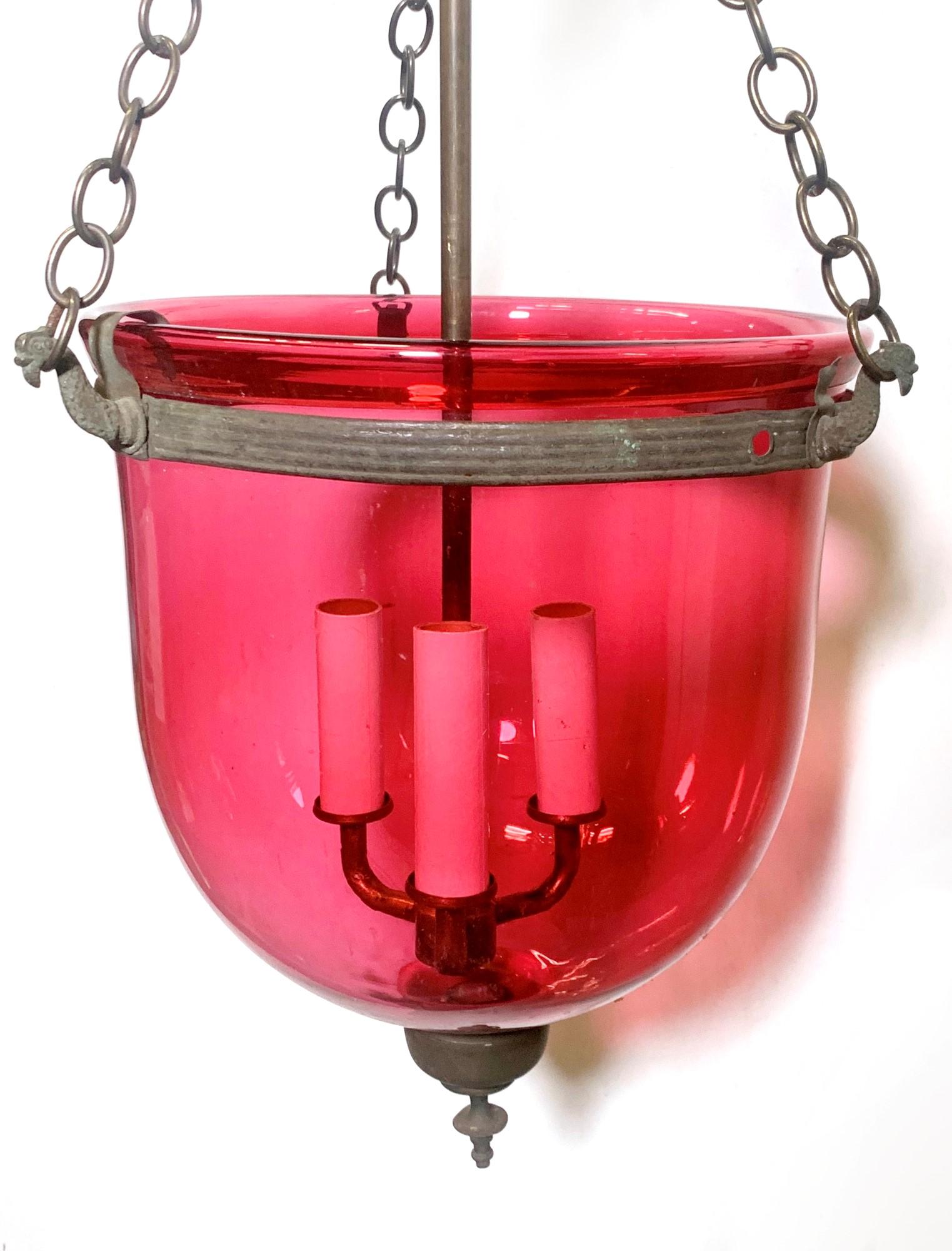 Antique Cranberry Red Crystal Bell Jar Pendant Light w/ Brass Hardware In Good Condition In New York, NY