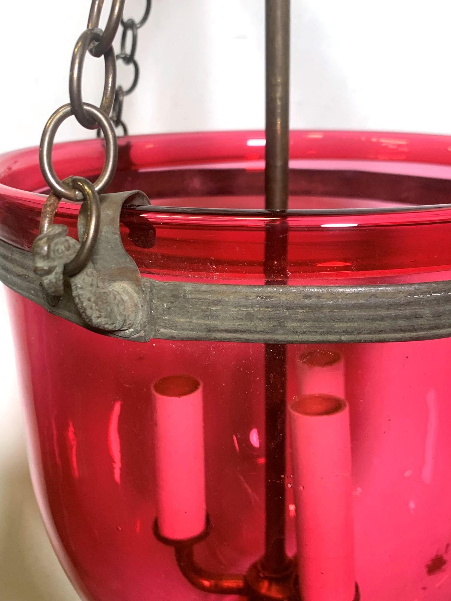 20th Century Antique Cranberry Red Crystal Bell Jar Pendant Light w/ Brass Hardware