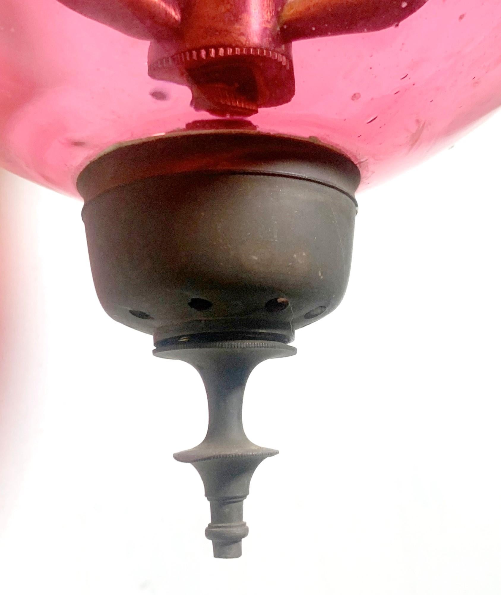 Antique Cranberry Red Crystal Bell Jar Pendant Light w/ Brass Hardware 1