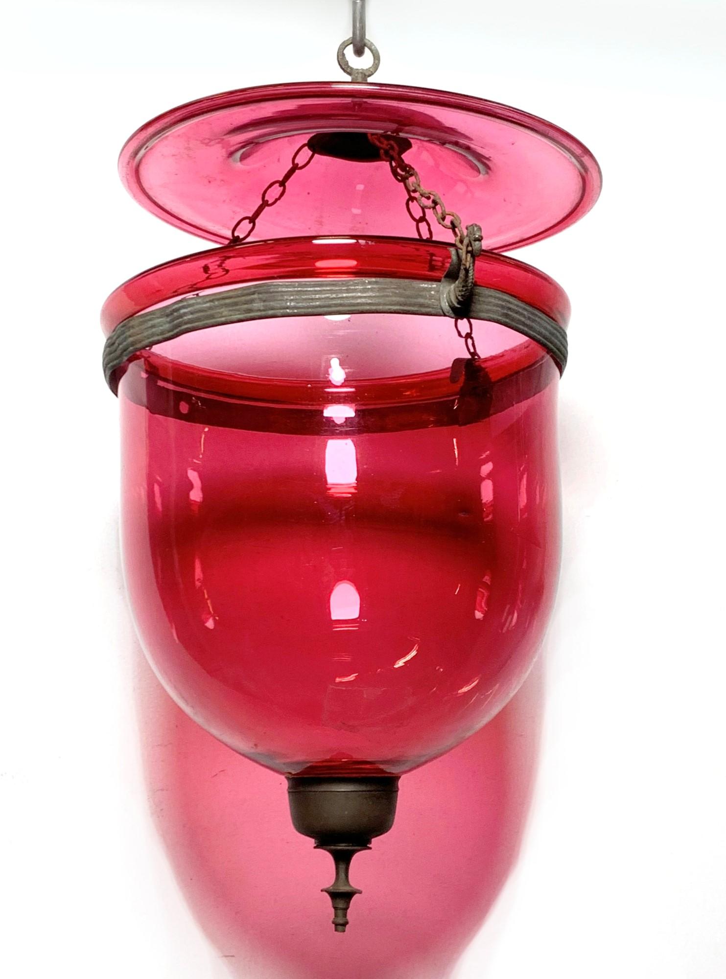 Antique Cranberry Red Crystal Bell Jar Pendant Light w/ Brass Hardware 3