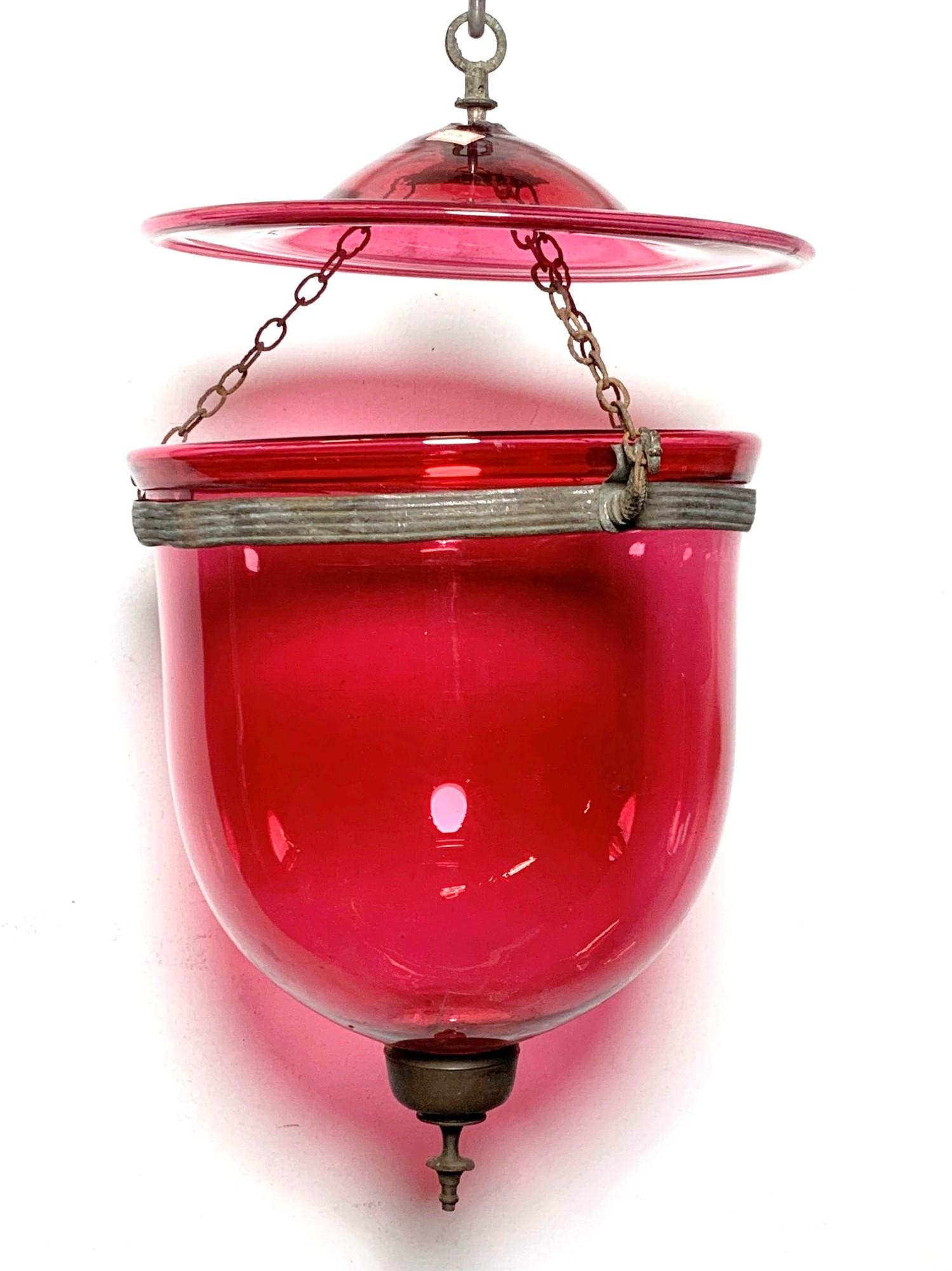 Antique Cranberry Red Crystal Bell Jar Pendant Light w/ Brass Hardware 4