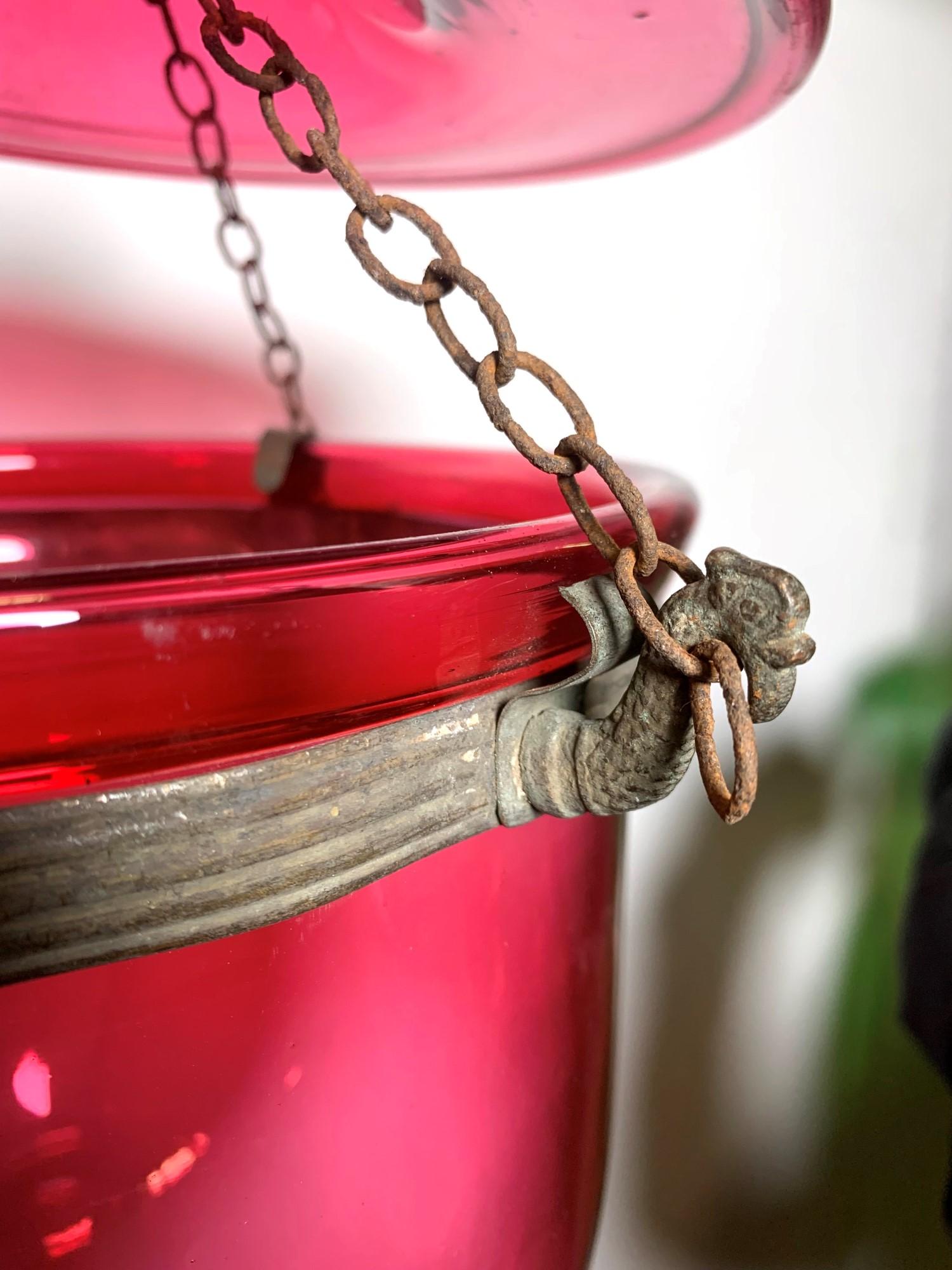 Antique Cranberry Red Crystal Bell Jar Pendant Light w/ Brass Hardware 5