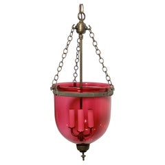 Antique Cranberry Red Crystal Bell Jar Pendant Light w/ Brass Hardware