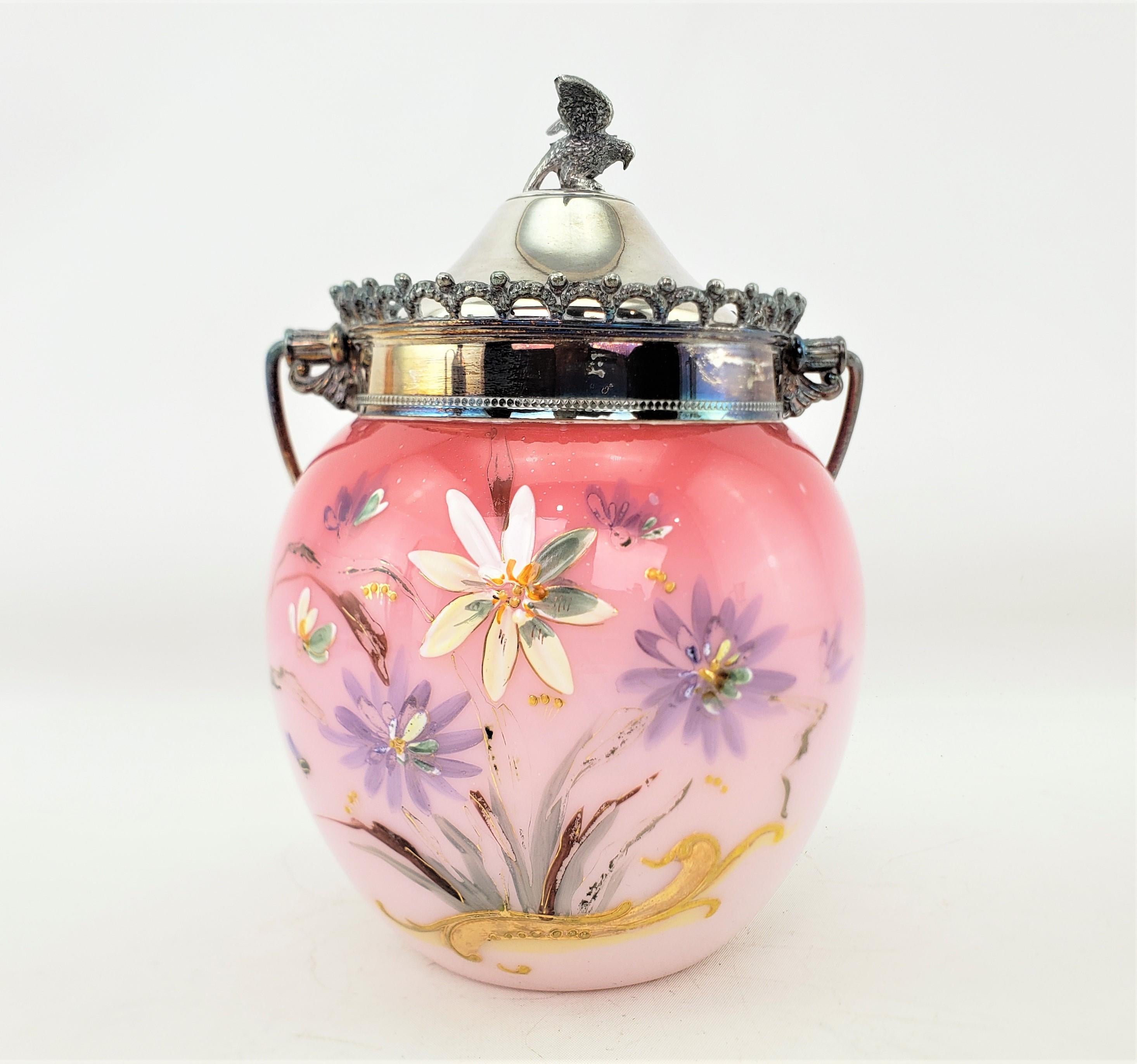 Antique Cranberry and Silver Plated Biscuit Barrel with Hand Painted Flowers 2