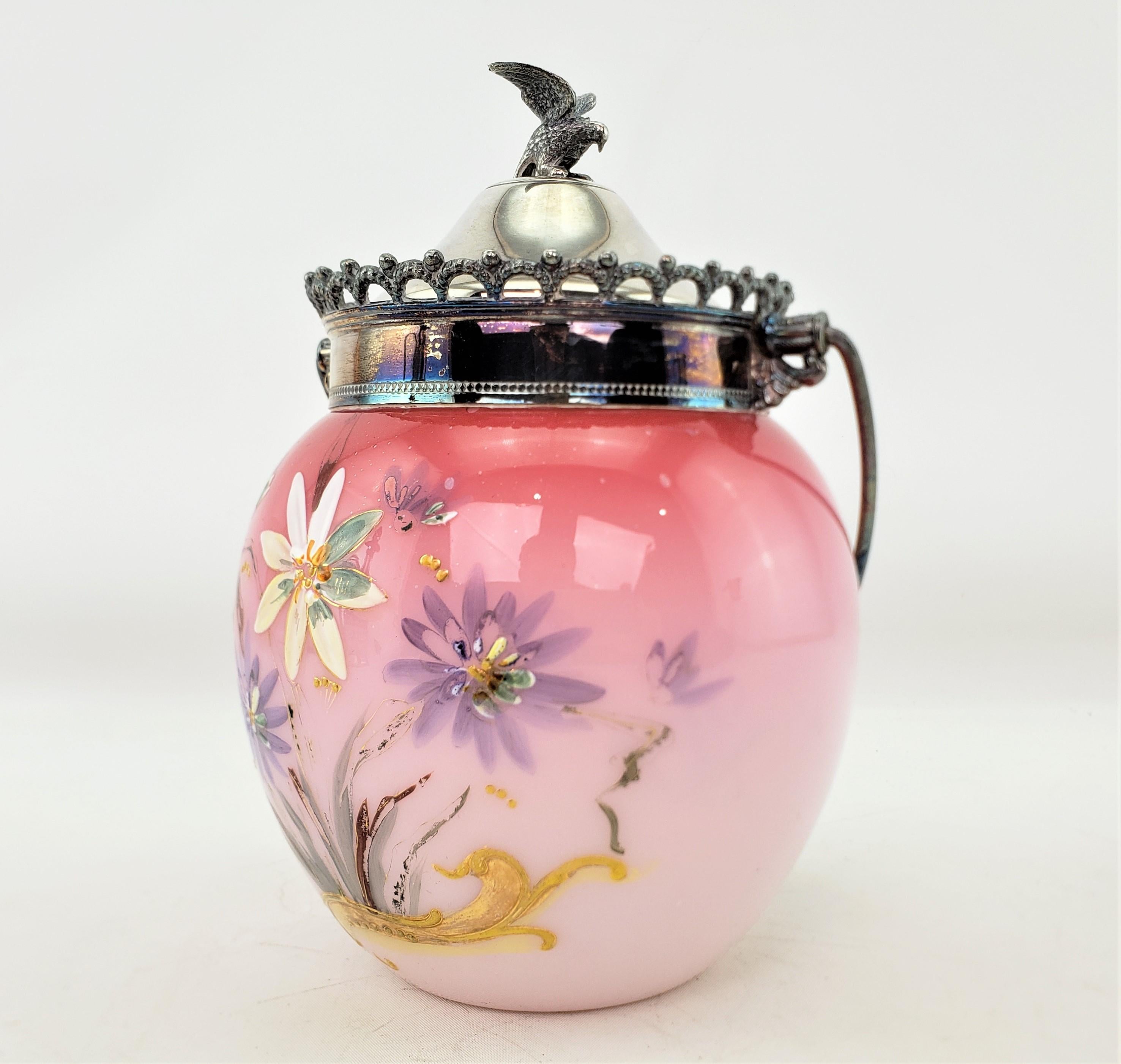 High Victorian Antique Cranberry and Silver Plated Biscuit Barrel with Hand Painted Flowers
