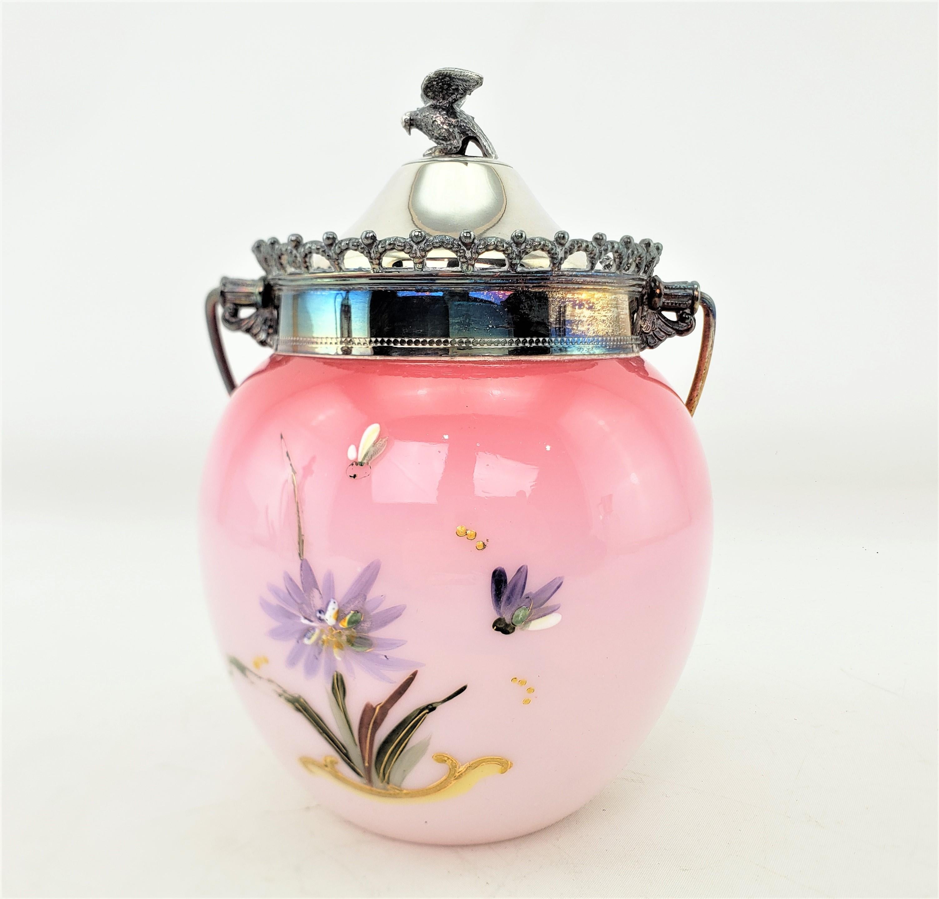 Hand-Crafted Antique Cranberry and Silver Plated Biscuit Barrel with Hand Painted Flowers