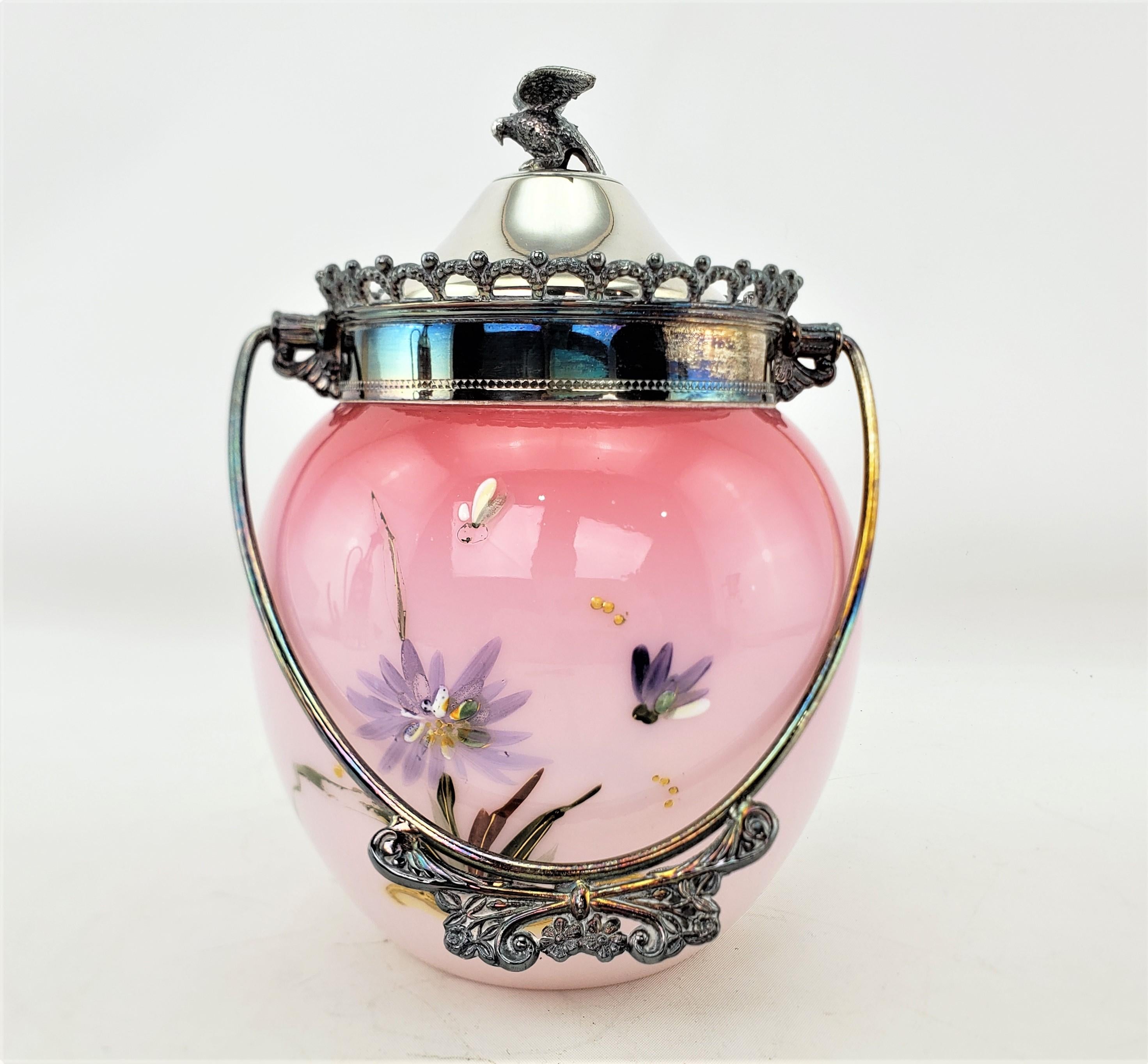 Antique Cranberry and Silver Plated Biscuit Barrel with Hand Painted Flowers In Good Condition In Hamilton, Ontario