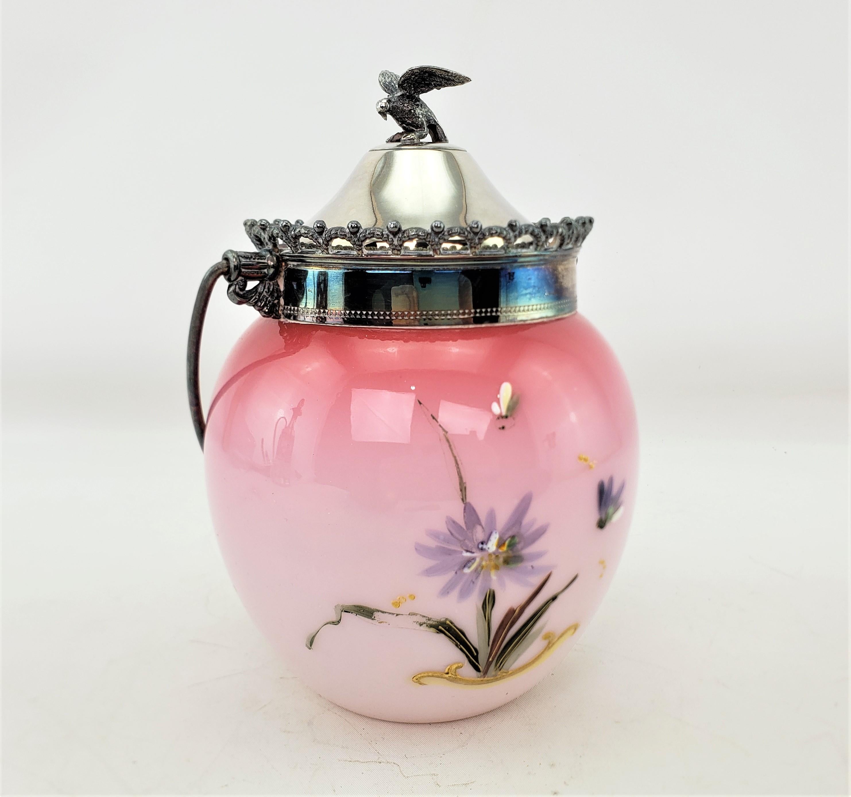 19th Century Antique Cranberry and Silver Plated Biscuit Barrel with Hand Painted Flowers