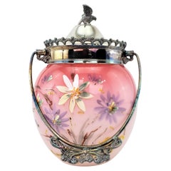 Antique Cranberry and Silver Plated Biscuit Barrel with Hand Painted Flowers