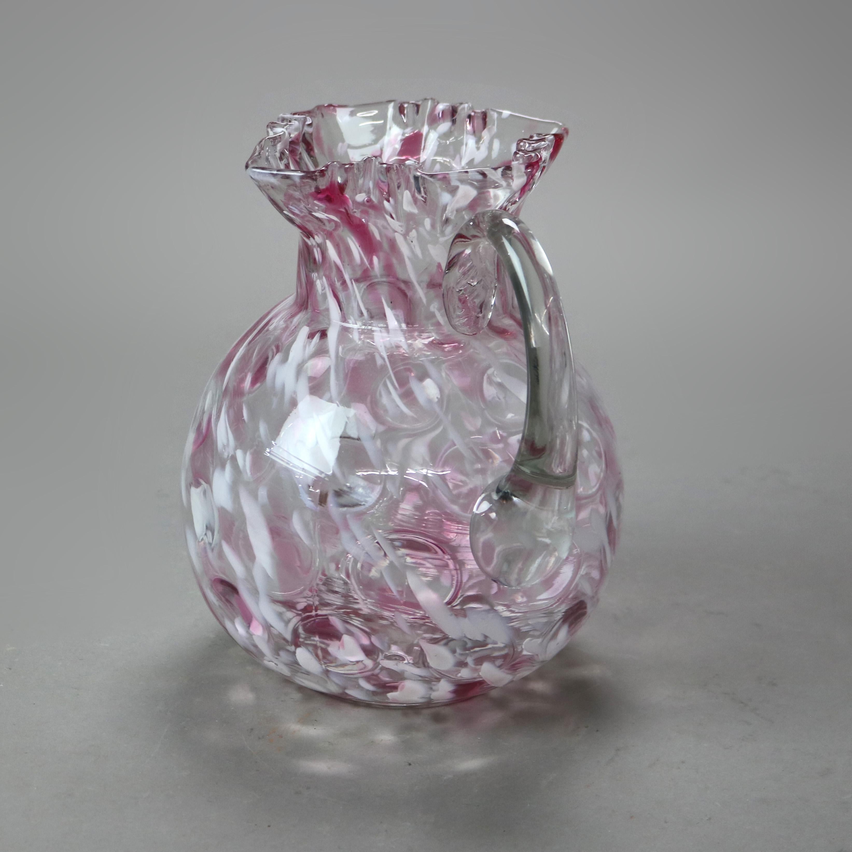 Antique Cranberry Spatterware Coinspot Ruffle Top Glass Water Pitcher C1890 In Good Condition In Big Flats, NY