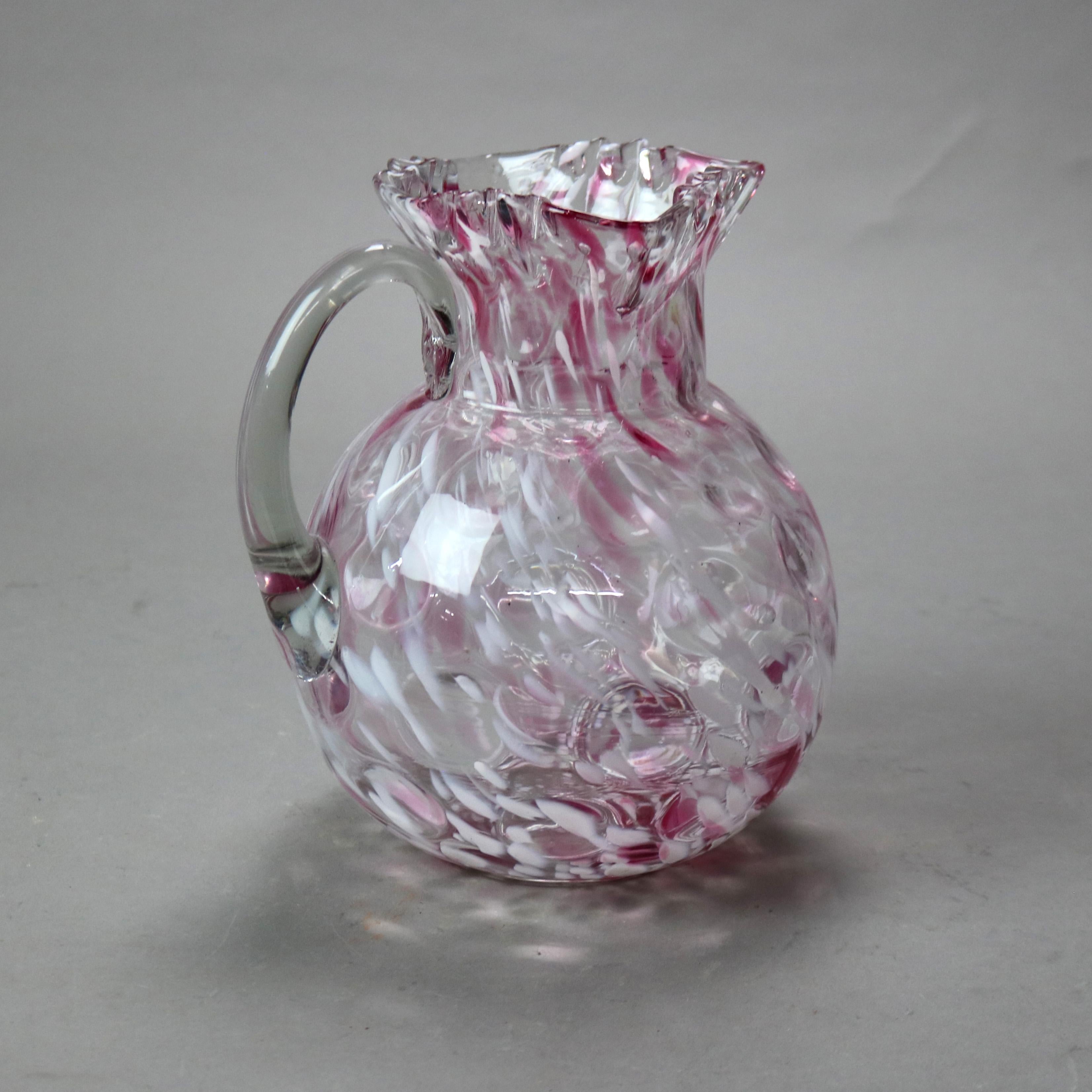 19th Century Antique Cranberry Spatterware Coinspot Ruffle Top Glass Water Pitcher C1890