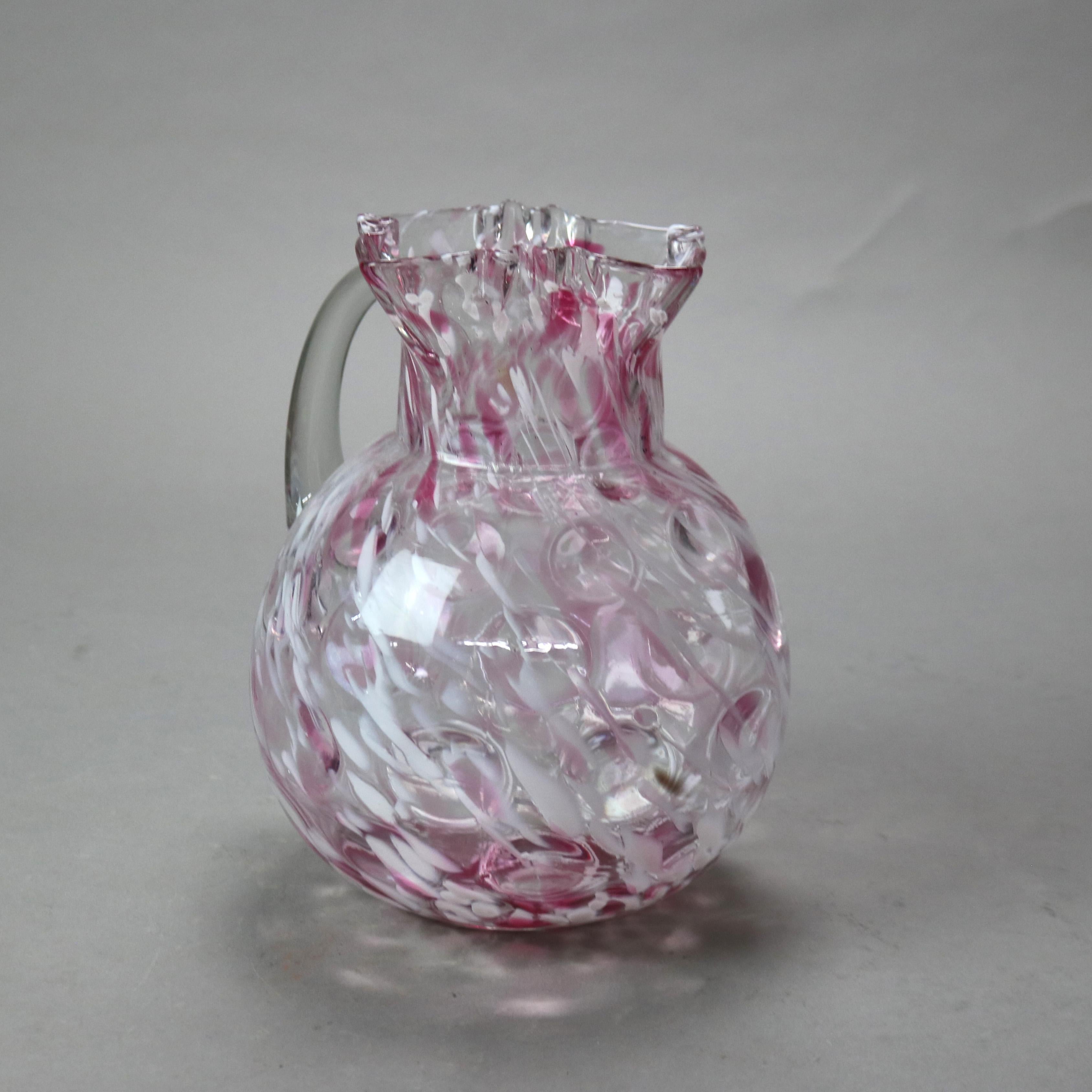 Art Glass Antique Cranberry Spatterware Coinspot Ruffle Top Glass Water Pitcher C1890
