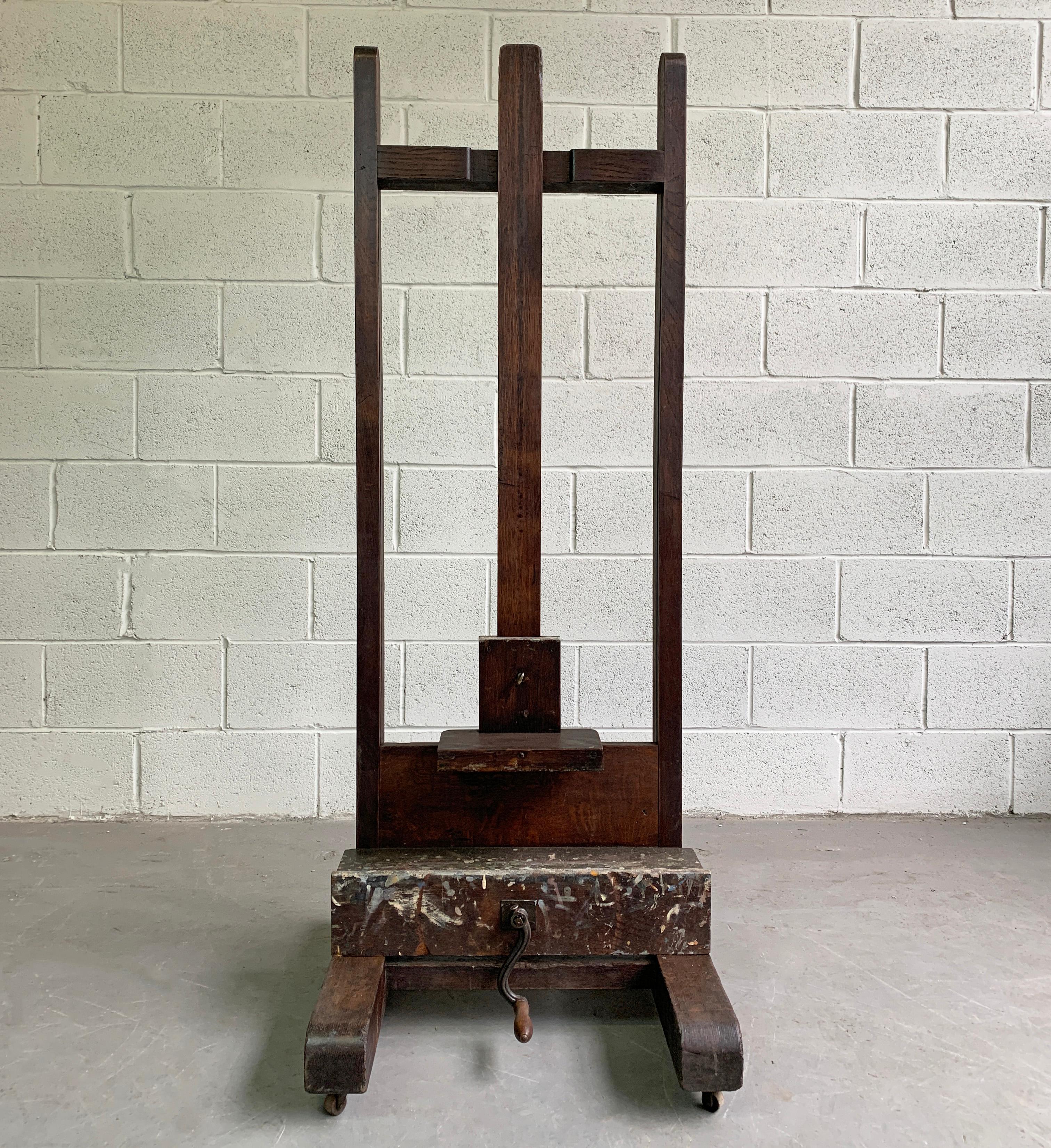 Industrial Antique Crank Adjustable Oak Artist Easel
