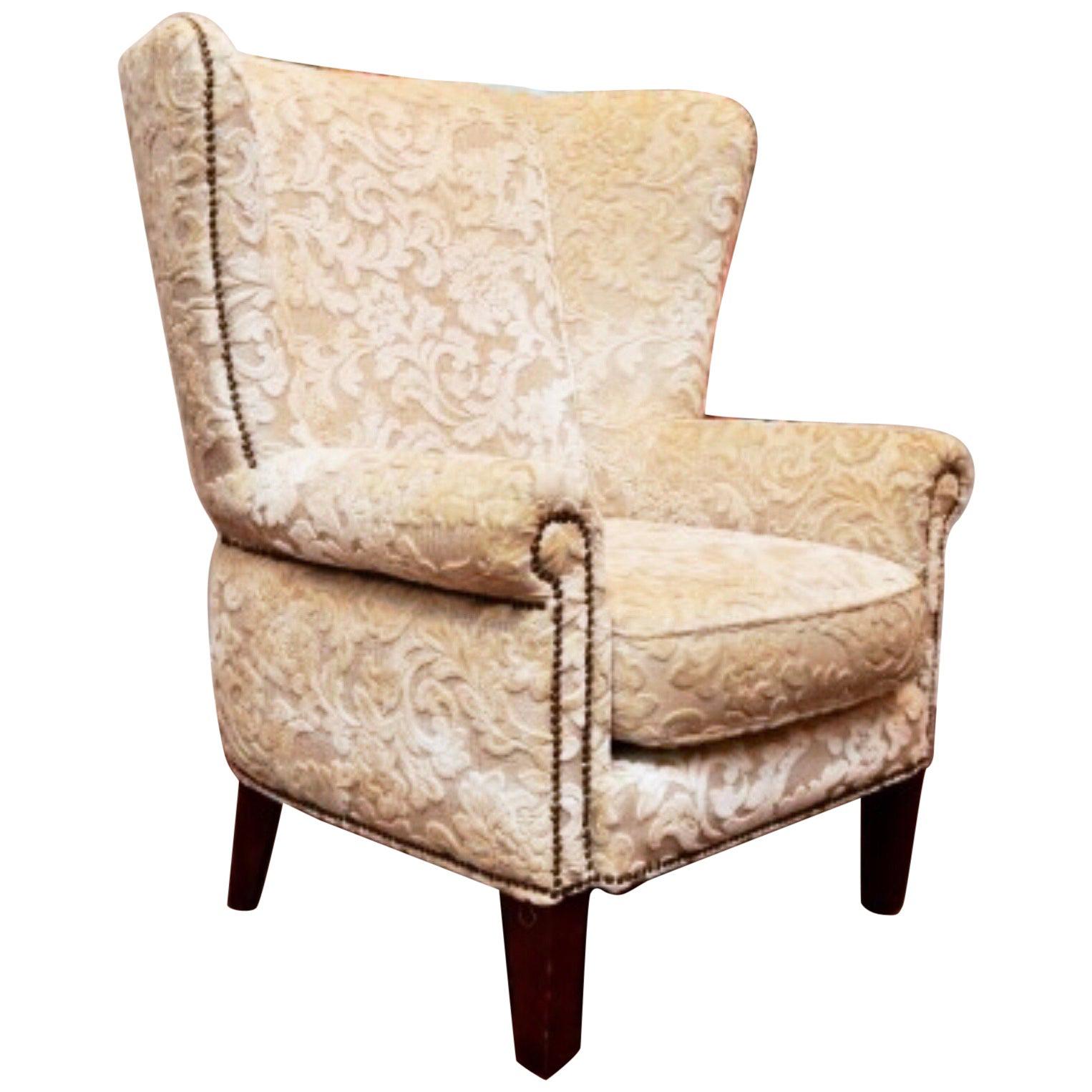 Antique Cream Beige Silk Velvet Wingback Armchair, Pile-on-pile Damask CLEARANCE
