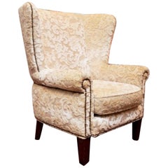 Antique Cream Beige Silk Velvet Wingback Armchair, Pile-on-pile Damask CLEARANCE