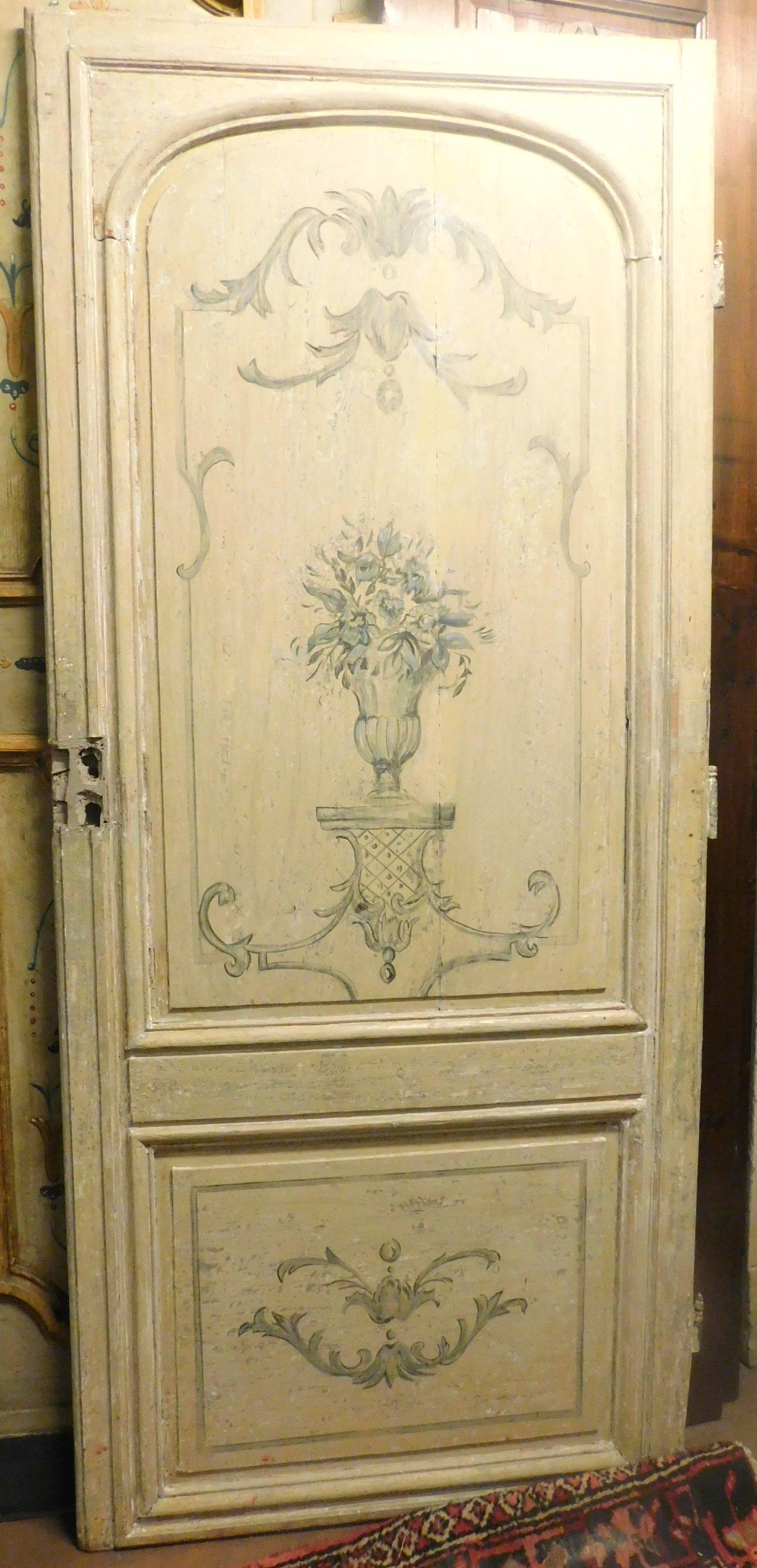 Italian Antique Cream Lacquered Wooden Door, Hand Painted Blue, Both Side, 1700, Italy