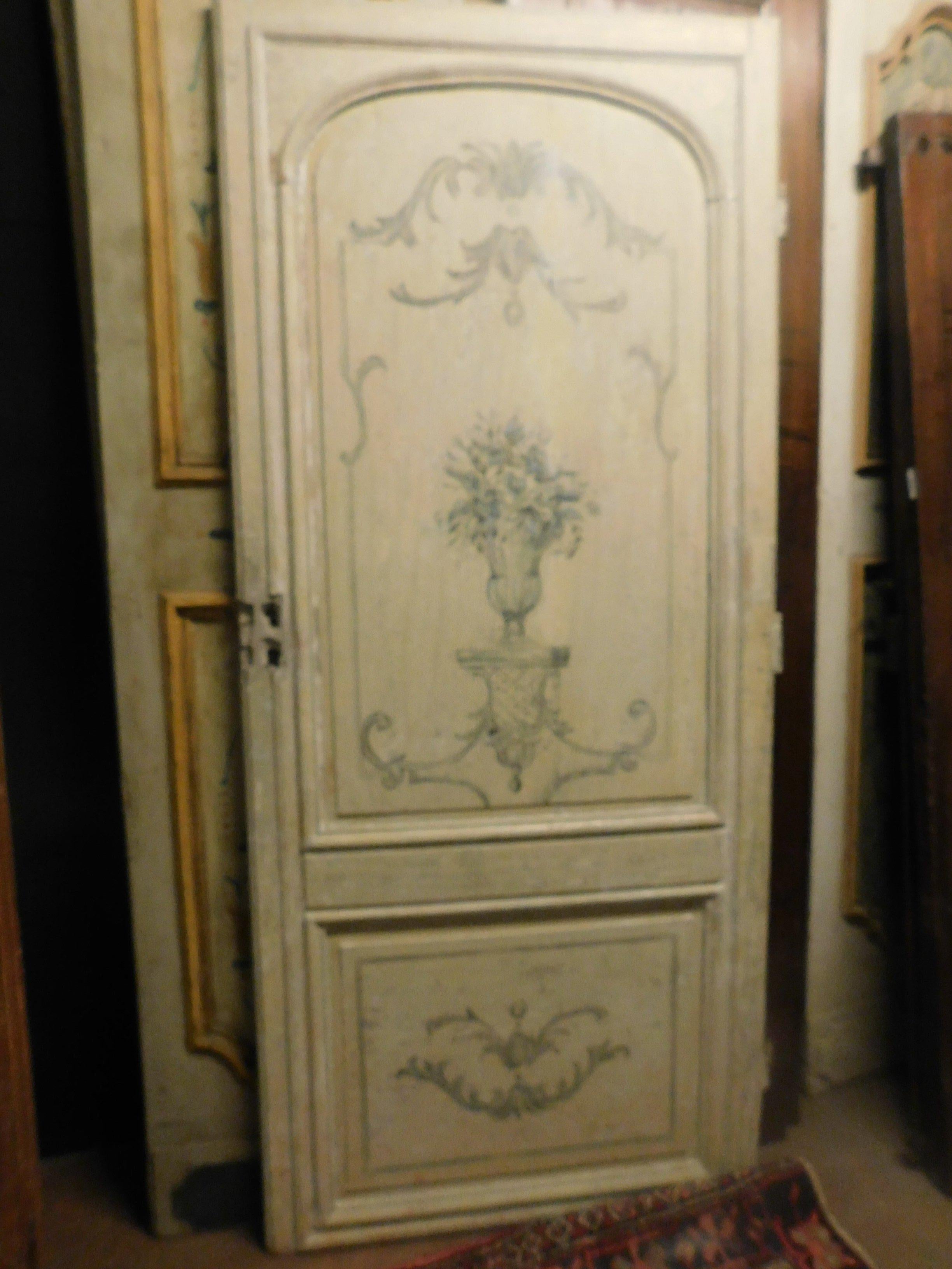 Antique Cream Lacquered Wooden Door, Hand Painted Blue, Both Side, 1700, Italy 1